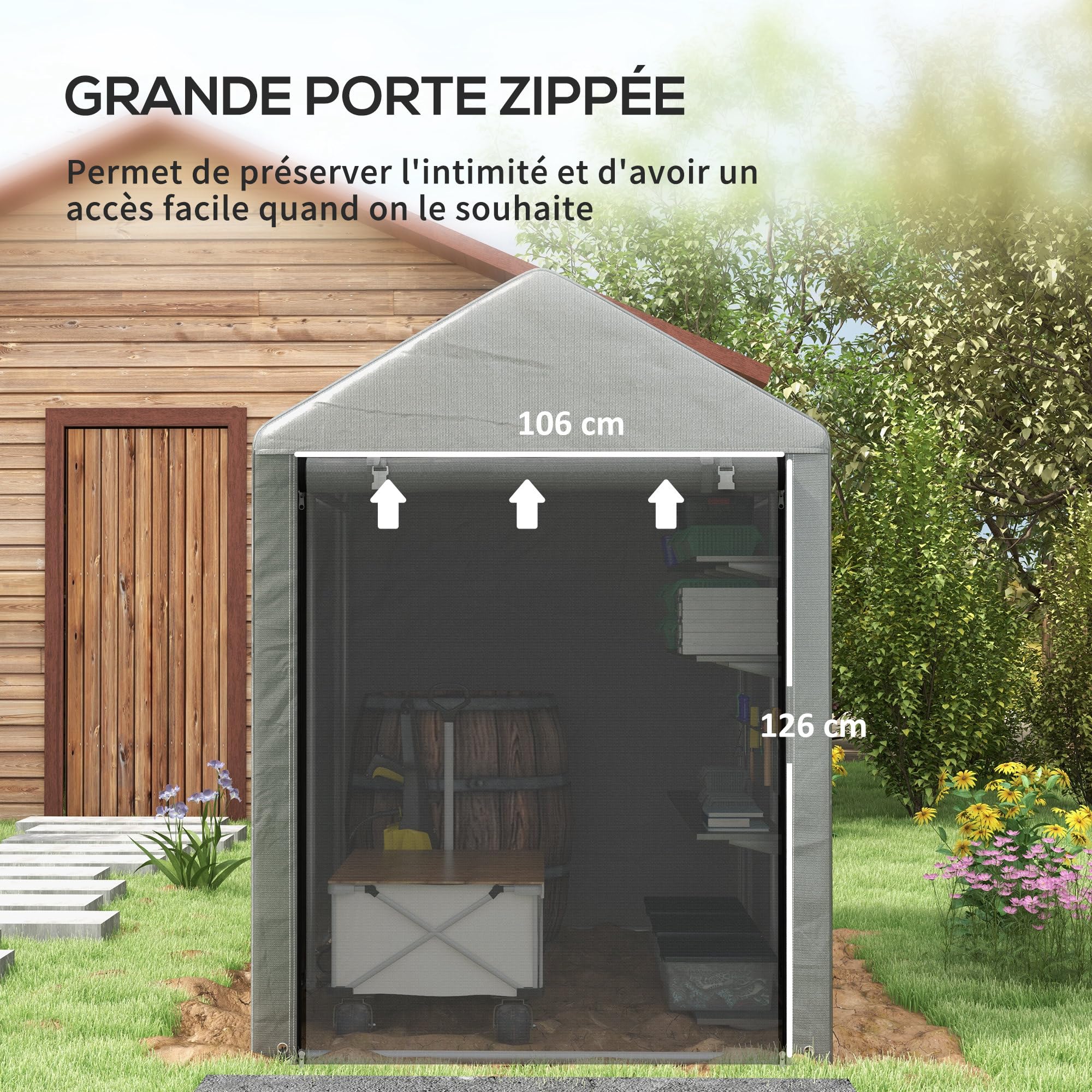 Outsunny Garage Moto extérieur avec entrée zippée, Tente Garage pour vélos et Outils en métal galvanisé et Tissu PE, 120x179x165 cm, Gris Clair