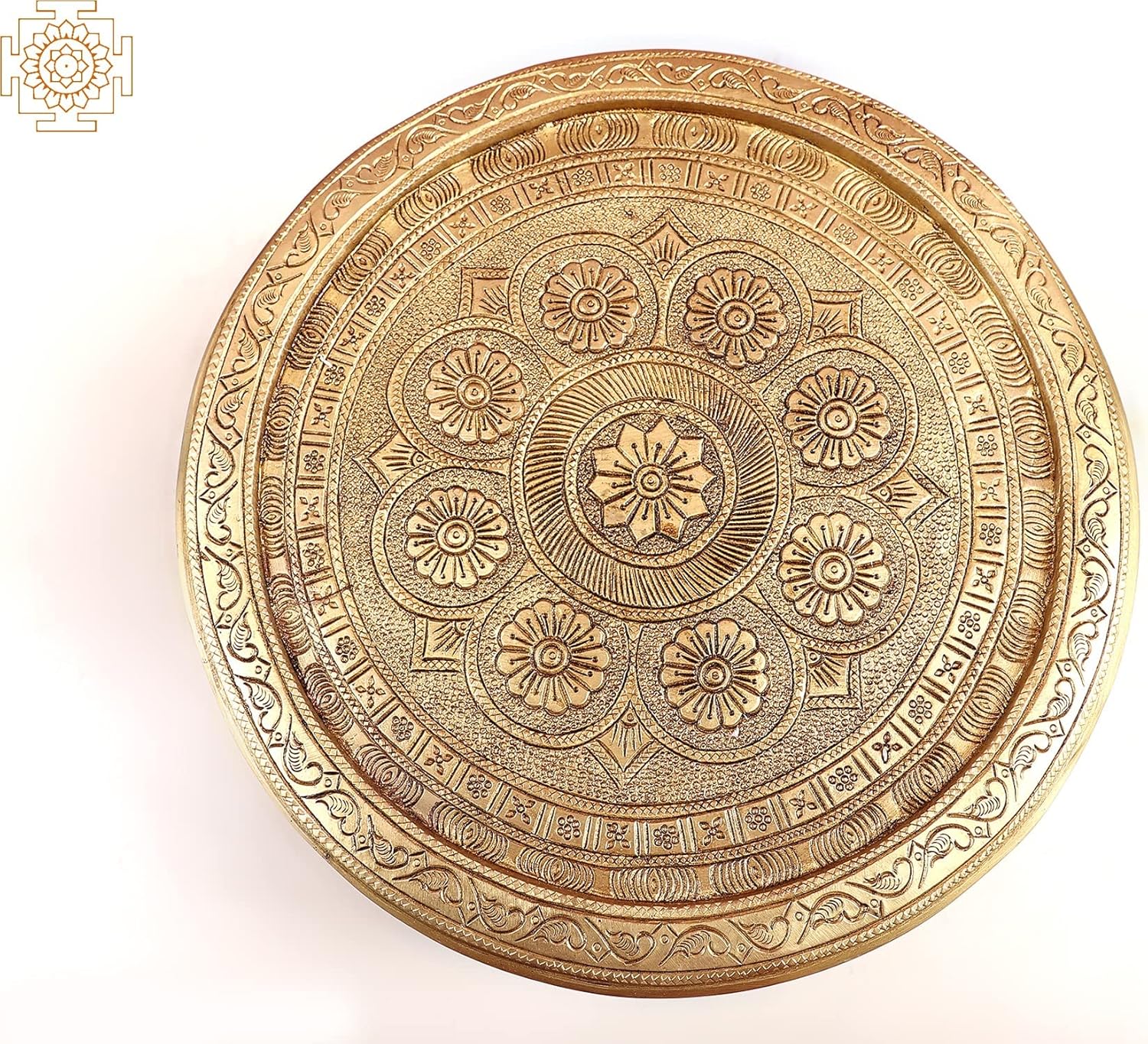 Exotic India 11" Brass Floral Design Pedestal (Chowki) - Brass