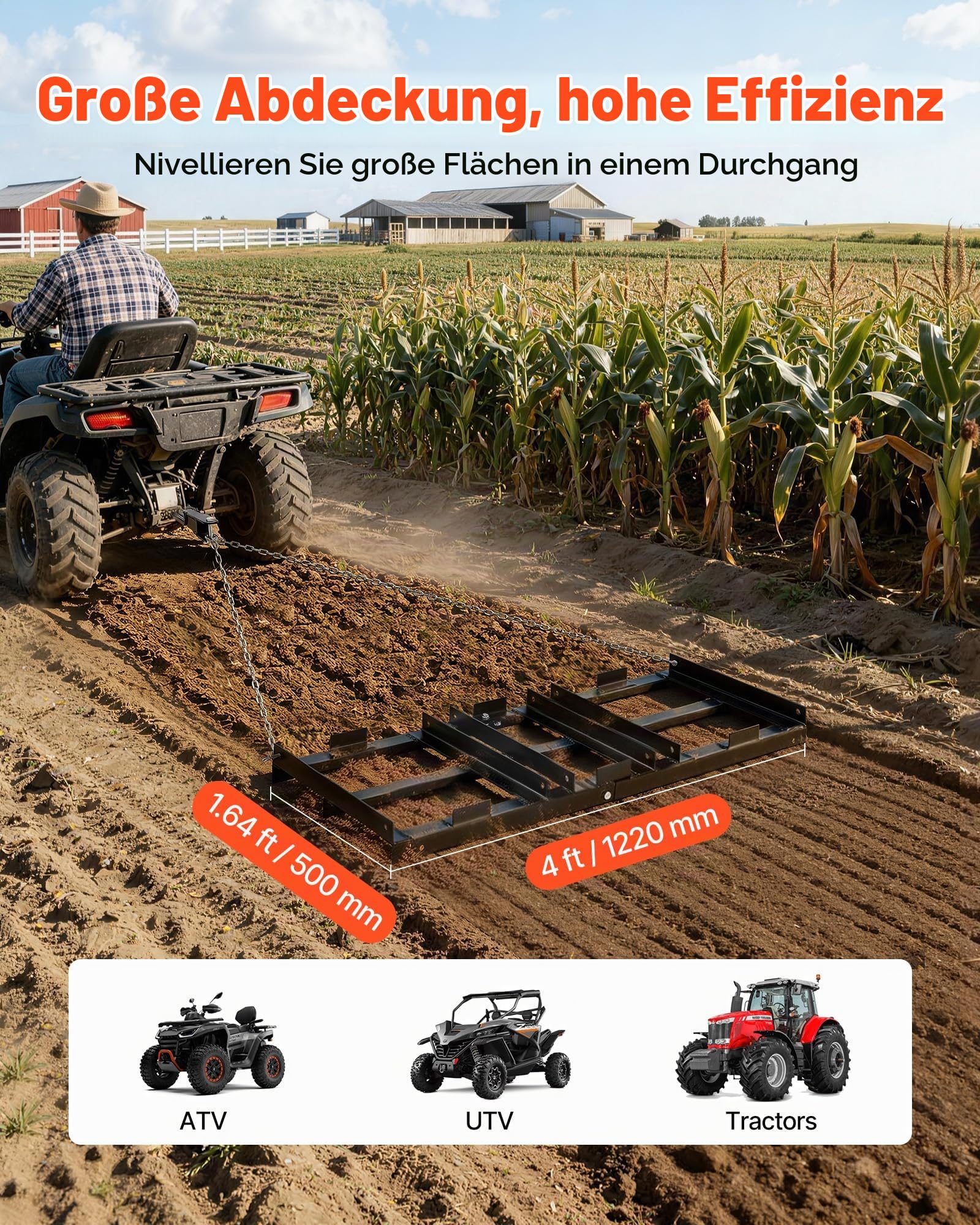VEVOR Schleppegge 122x50 cm, Wiesenegge, Wiesenschleppe mit 183 cm Kette, Hochleistungs-Nivellierrechen, Verzinkter Stahl-Feldegge für Kiesauffahrten, Passend für ATVs, UTVs & Traktoren