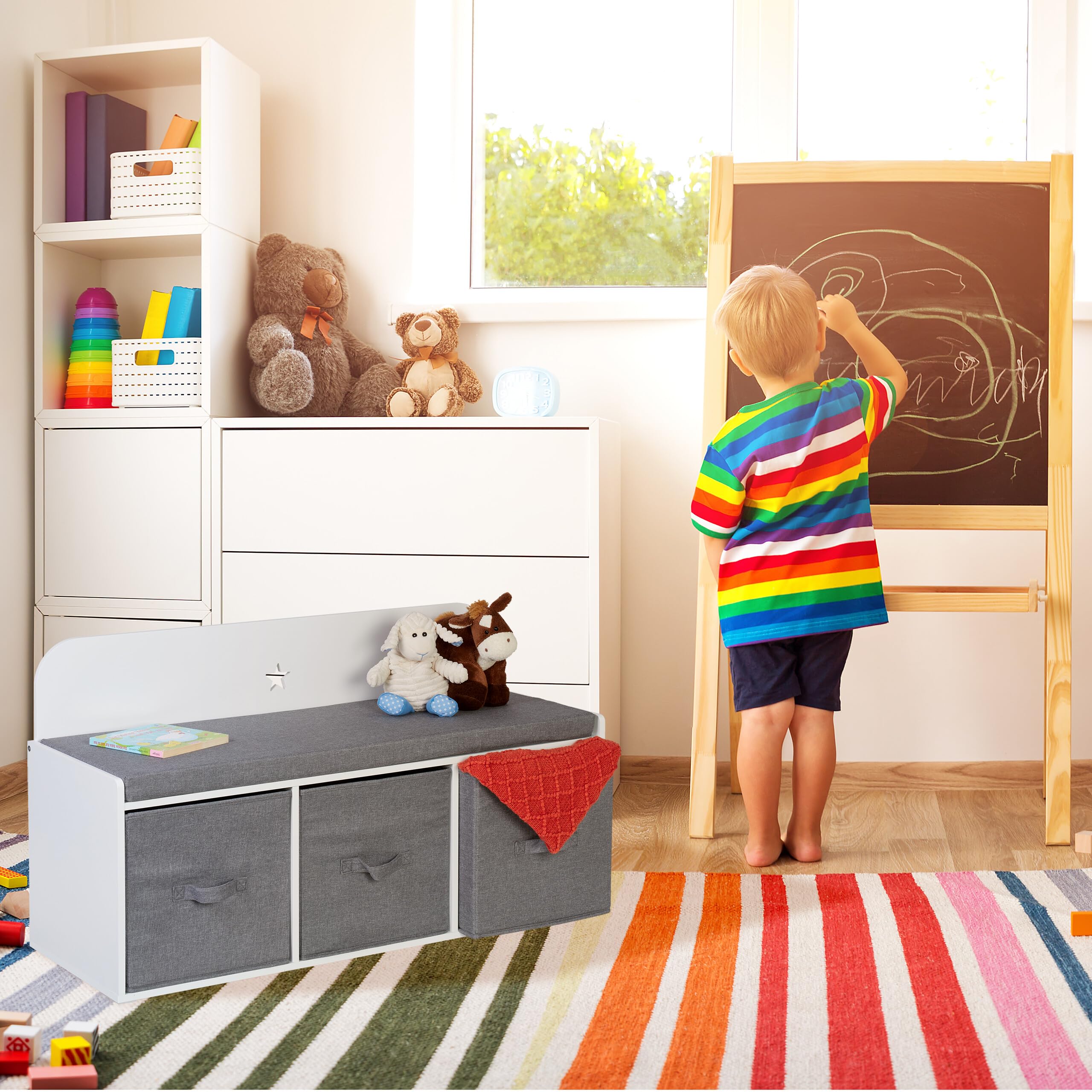 Relaxdays Banc avec Rangement pour Enfants, HxLxP : 54 x 99 x 35 cm, Chambre et Couloir, Banc rembourré, Blanc - Gris
