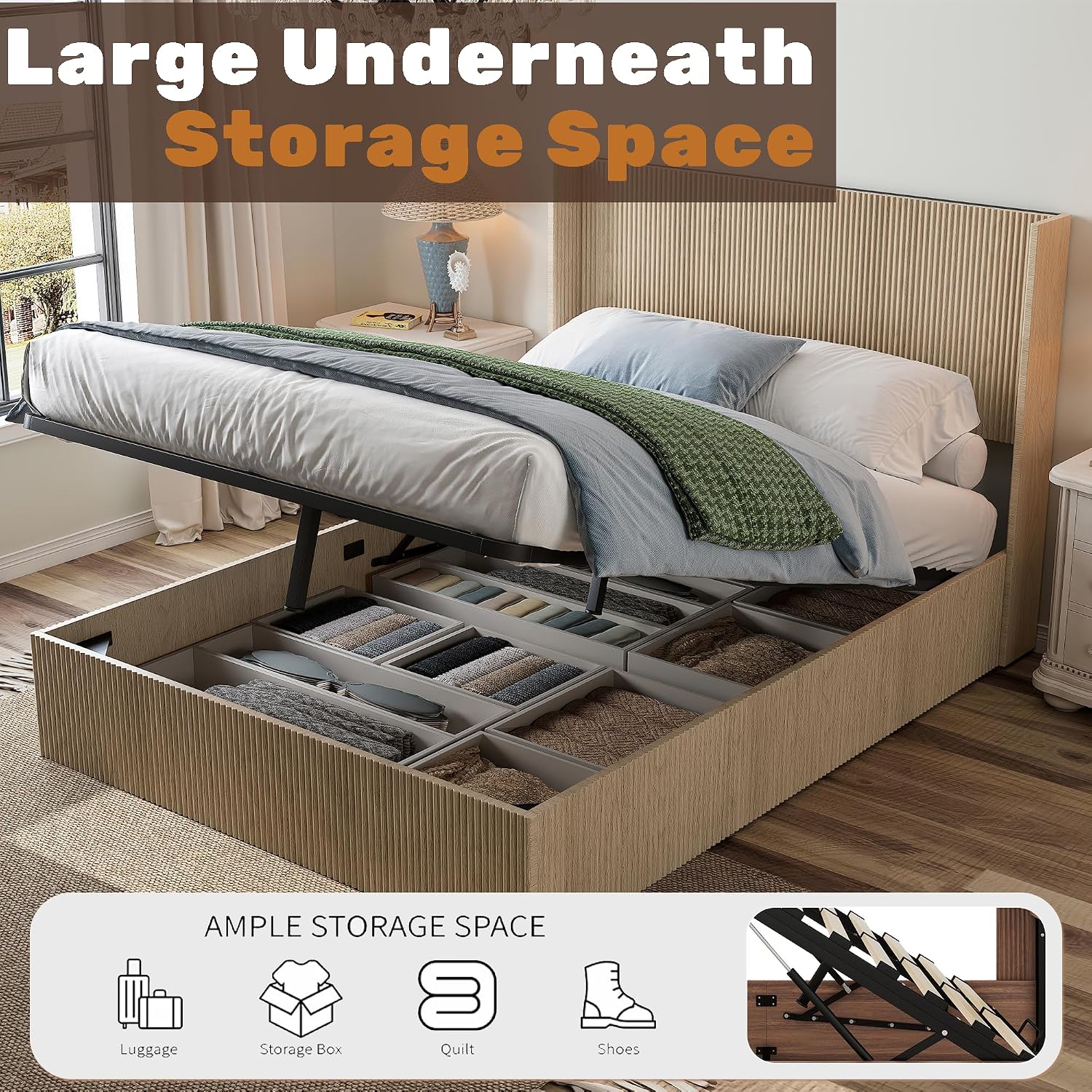 Lift Up Storage Bed Queen, Mid Century Hydraulic Lift Queen Storage Bed with Raised Wingback Headboard, Space Saving Storage, Heavy Duty Steel & Wood Slats,No Box Spring Needed,Oak