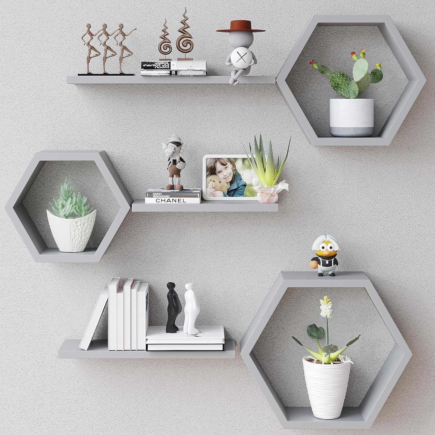 EXPRESSOW ENTERPRISES Wooden Floating Wall Shelves Wall Mounted - Set of 6 Hexagon Shelves Display for Photos, Plants, Honeycomb Shelves for Living Room, Bedroom, Bathroom, Kitchen, Office (Grey)-image-38