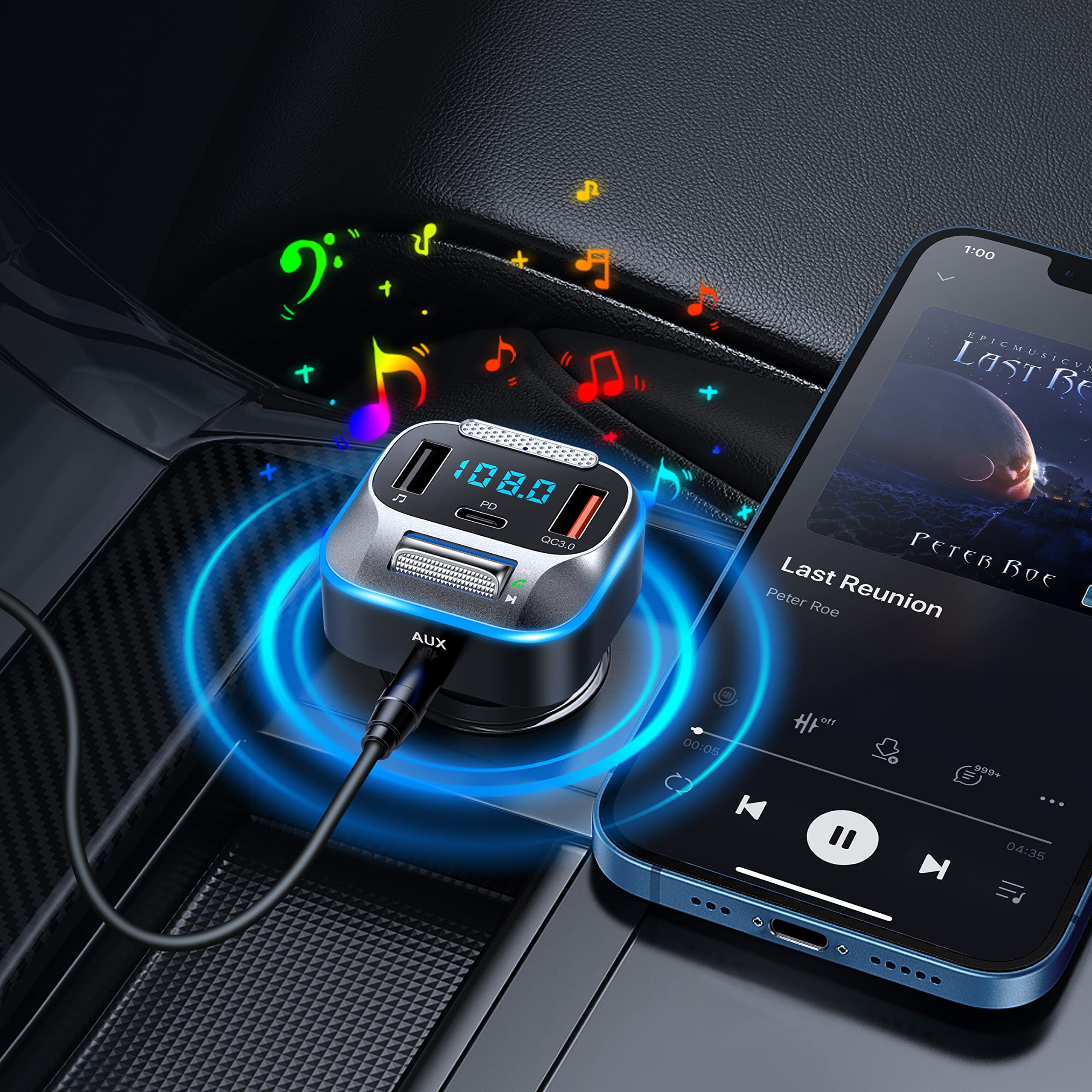 Transmetteur FM Bluetooth 5.4 Voiture - Chargeur Rapide PD 30W + AUX, Suppression Bruit