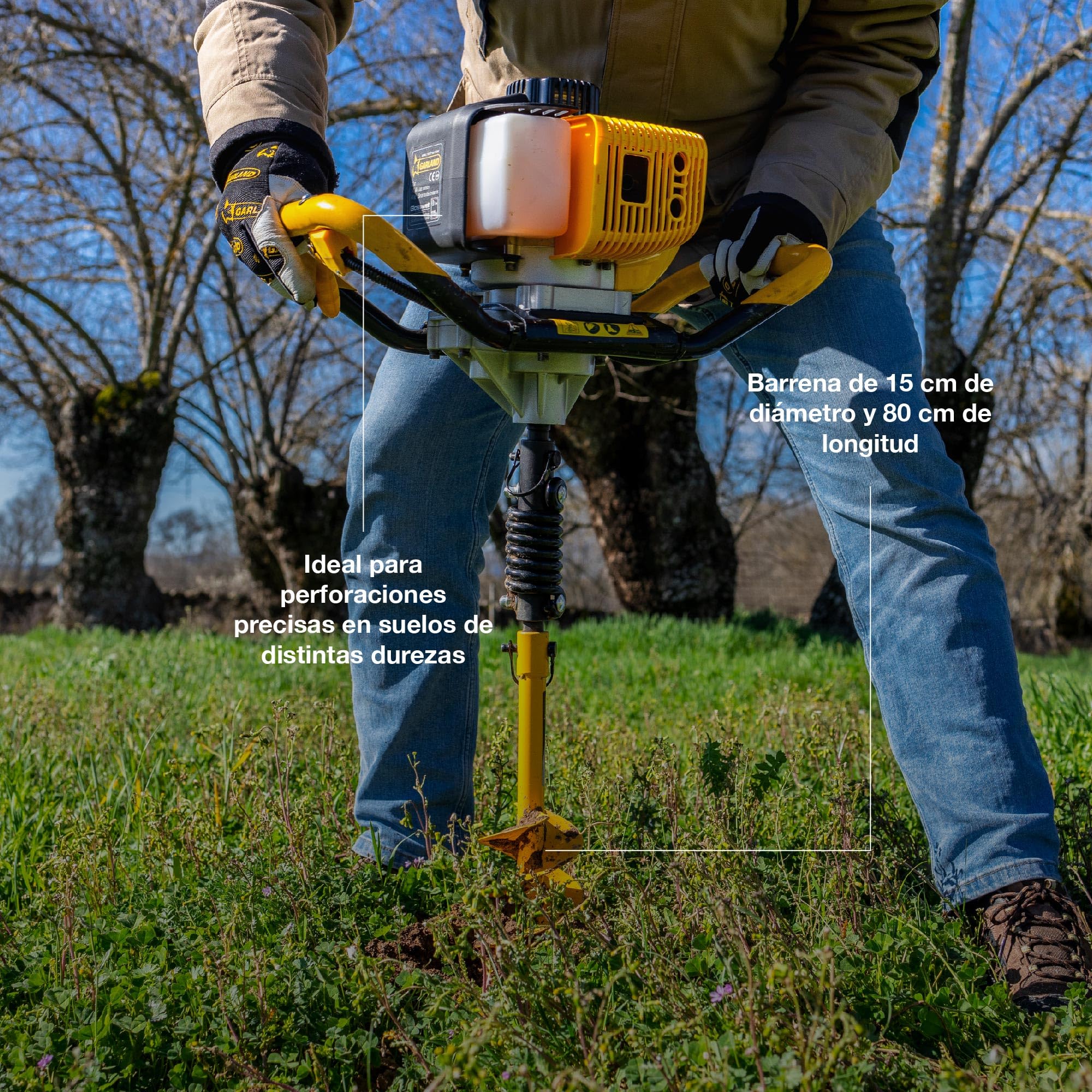 GARLAND DRILL 912G-V24 - Ahoyadora gasolina 52 cc, 2,2 CV, barrena 150 mm x 800 mm, reductora 30:1, 8,6 kg
