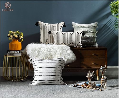 Miniatura 3 de LIGICKY Fundas de almohada decorativas para el hogar, estilo bohemio, con borlas, cuadradas, de algodón, a rayas, para sofá, dormitorio, sala de