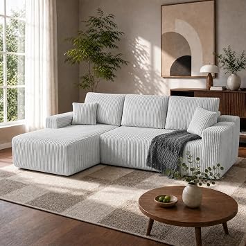 HOMRELEXA 267 cm Corner Sofa with Sleep Function Corduroy Boneless Couch Grey Modular Sofa Bed L Shape 75 cm Seat Depth Sofa 3 Seater with Chaise Longue Assembly Free Living Landscape