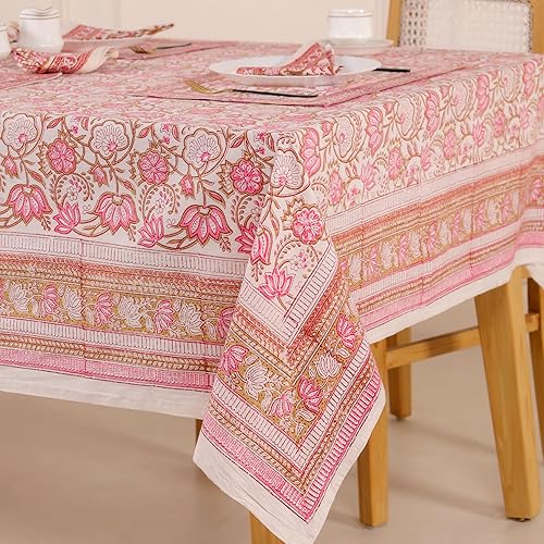 Miniatura 12 de Hand Block Printed Cotton Tablecloth – Elegant Floral Design Perfect for Dining Table Kitchen Parties Home Decor, Wall Tapestry (Peach Floral, 6