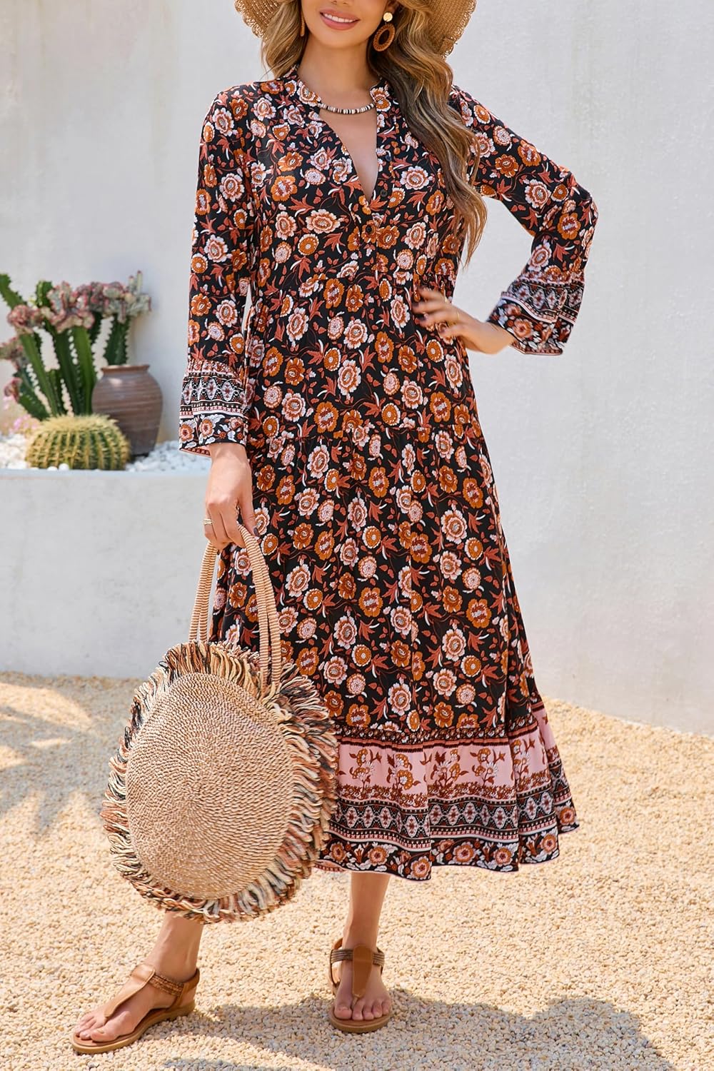 R.Vivimos Women's Boho Floral Print Midi Dress 2026 Long Sleeve V Neck Button Up Casual Loose Flowy Beach Long Dresses - Image 2