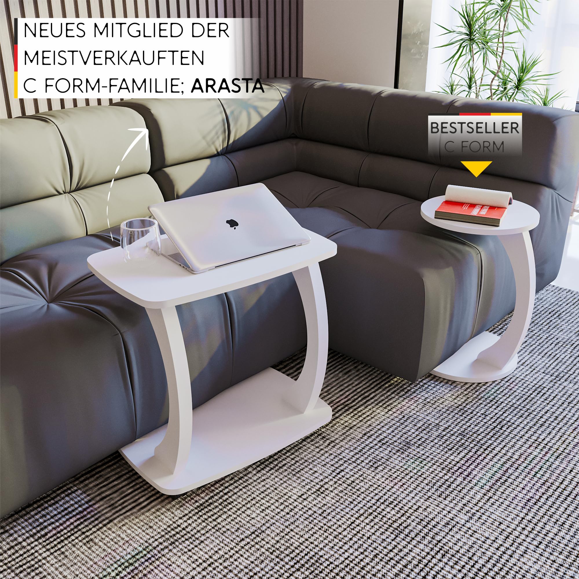 Beistelltisch Couch, mit Rollen, Laptoptisch für Couch, kleiner Wohnzimmertisch, Sofatisch in stylischem Weiß, kleiner Couchtisch fürs Wohnzimmer, ideale Ablagefläche für Laptops, Side table, Arasta