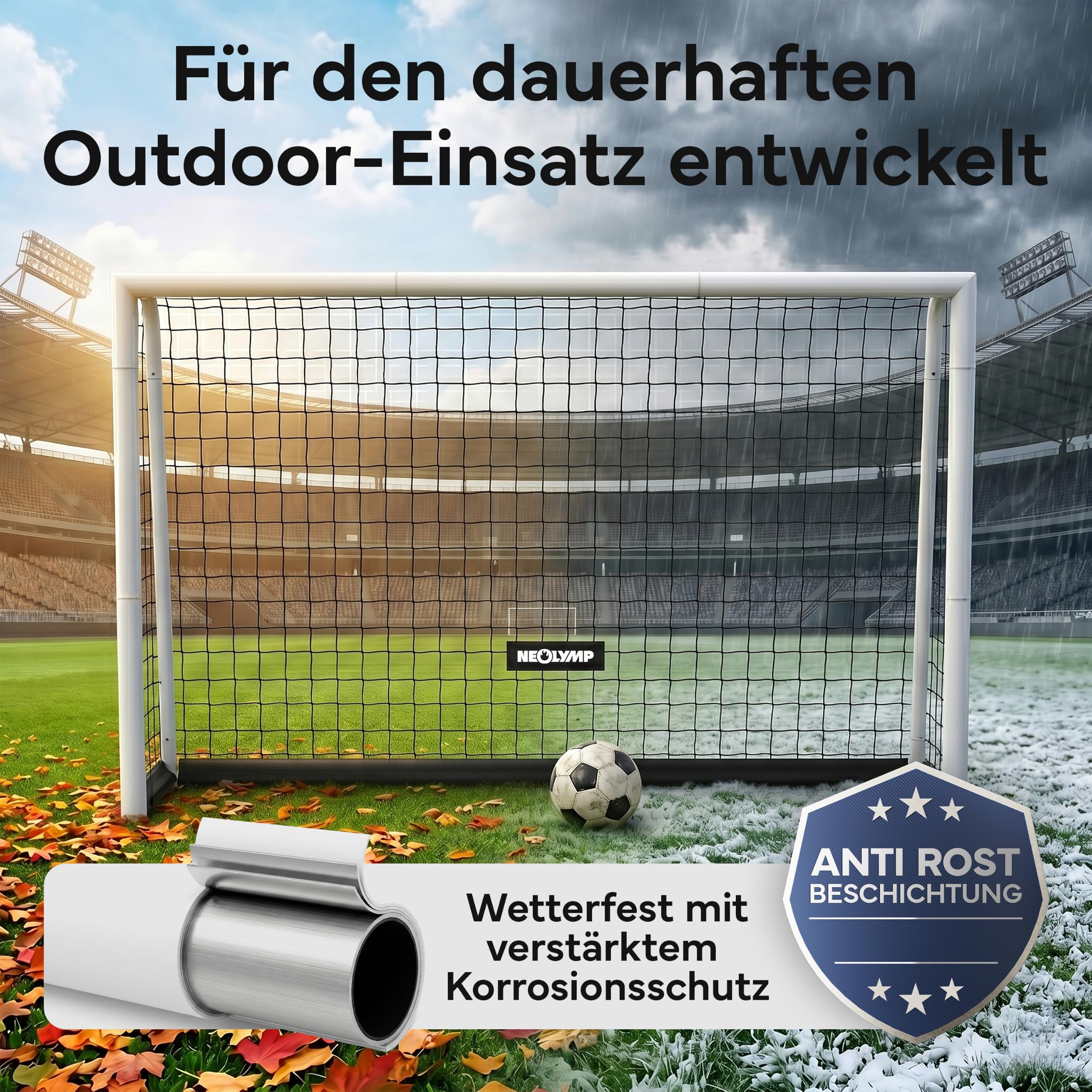 NEOLYMP Fußballtor für Garten – Robustes Stadion-Tor aus Metall, korrosionsgeschützt – Wetterfestes Fußballtor Kinder Outdoor inkl. Heringe – Klicksystem & Polyester-Netz – Einfacher Aufbau