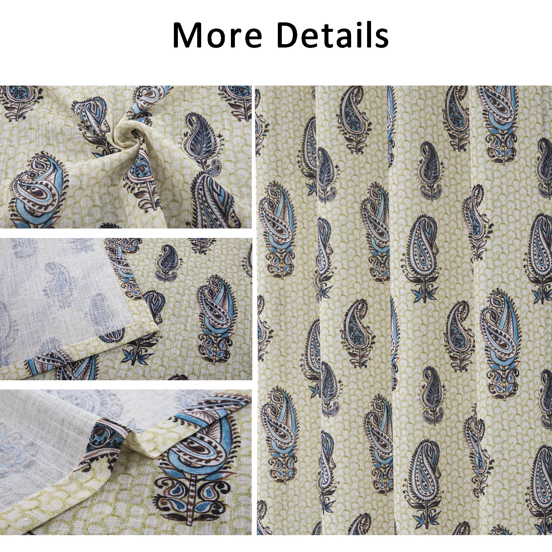 always4u Vorhänge in Leinenoptik, halbtransparent, mit Ösen, bedruckt, blaues Paisleymuster, Fensterbehandlungen für Wohnzimmer, Schlafzimmer, Dekoration, Retro-Struktur, 1 Paar, B 168 x L 183 cm