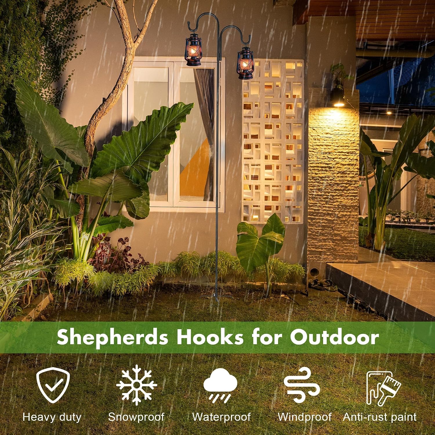 4 Pack 108 Inch Adjustable Double Shepherds Hooks for Outdoor 2 Sided Bird Feeder Poles with 5 Prong Base Heavy Duty Metal Garden Hook for Hanging Flower Basket Lantern Plant Bird Nests Decor