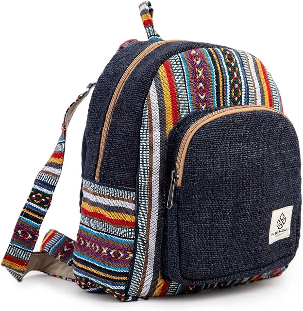 Mini Hemp Backpack Bag - Blue Boho Eco Friendly Unisex Rustic Durable by Freakmandu, Multicolor, Mini