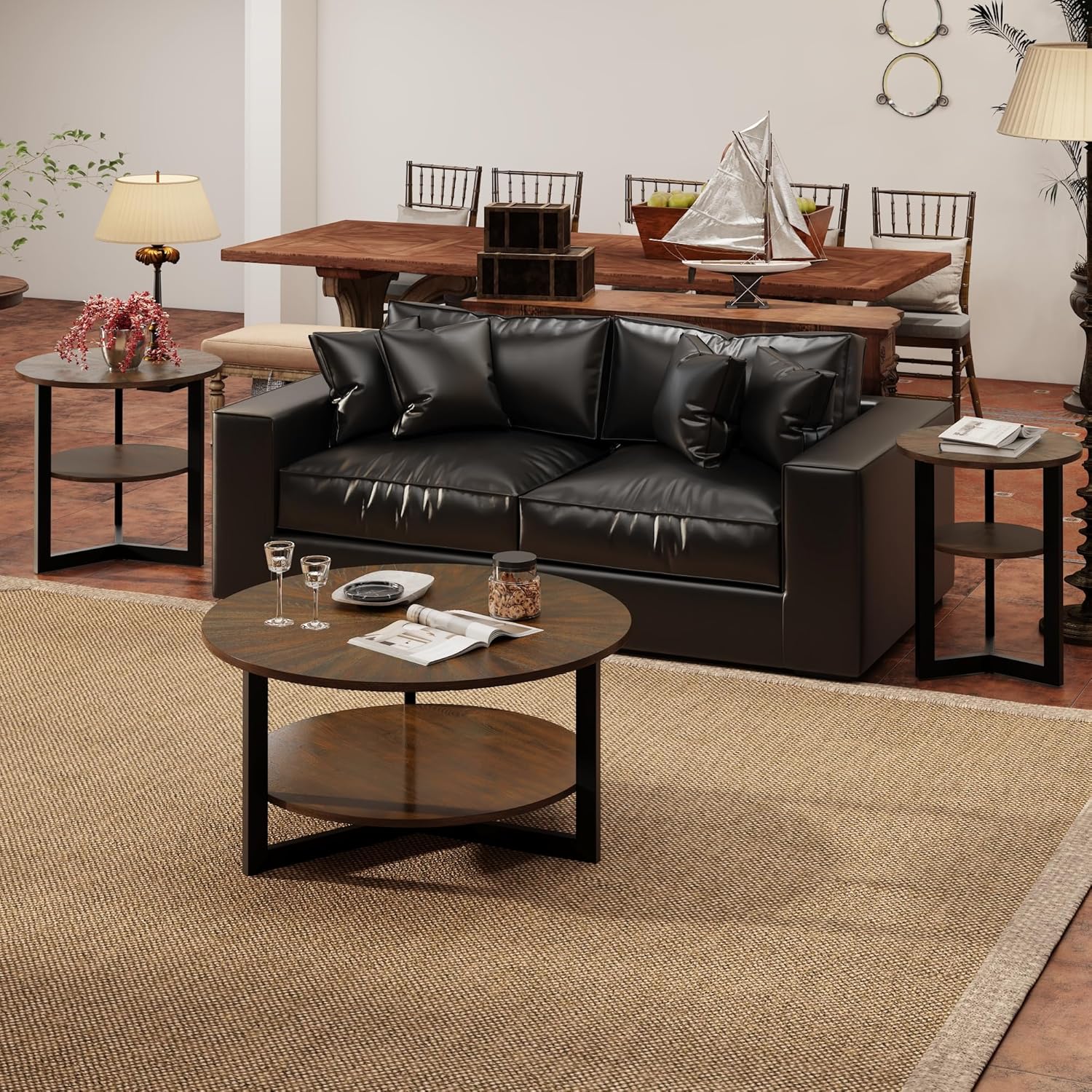 LEEMTORIG Round Side Table, 2-Tier End Table Nightstand with Metal Legs, Modern Bedside Accent Couch Table for Living Room, Bedroom, Office, Rustic Brown/Black, 19.3 x 19.3 x 24 inches BZ-1338-NC