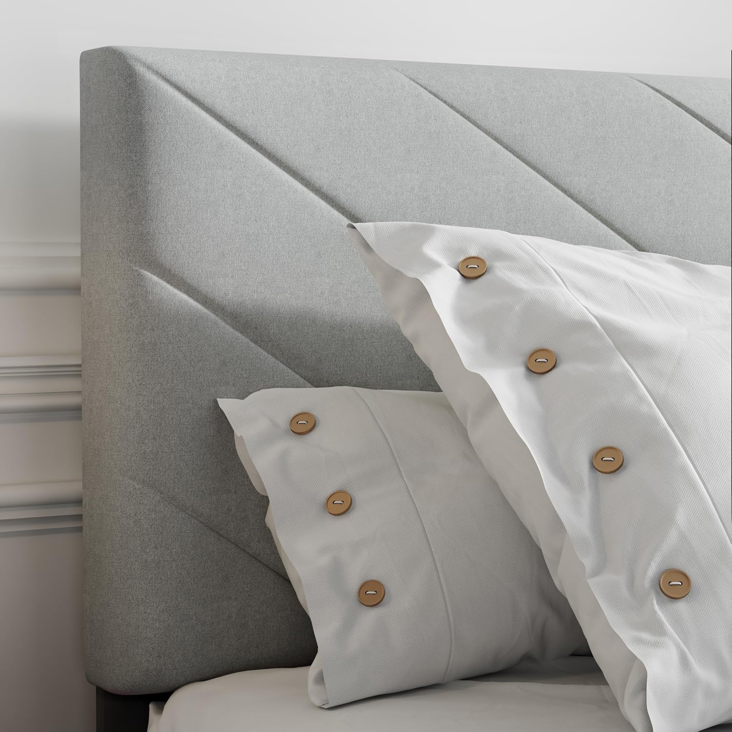 Full Size Bed Frame Platform with Upholstered Headboard, Sturdy Wooden Slats, Noiseless, No Springs Required, Easy to Assemble Light Gray