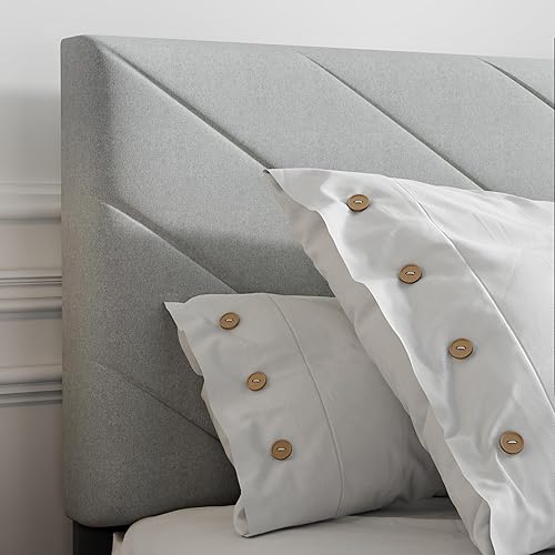 Miniatura 4 de Cama de plataforma tapizada tamaño Queen, base de cama Queen con cabecera de tela, marco resistente y listones de madera, funcionamiento silencioso,