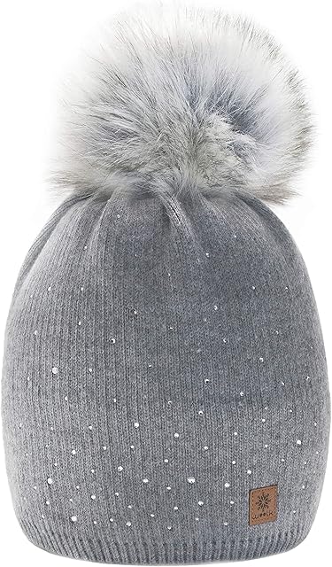 Women Ladies Winter Beanie Hat Wool Knitted with Small Crystals Large Fur Pom Pom Cap SKI Snowboard Hats MFAZ Morefaz Ltd