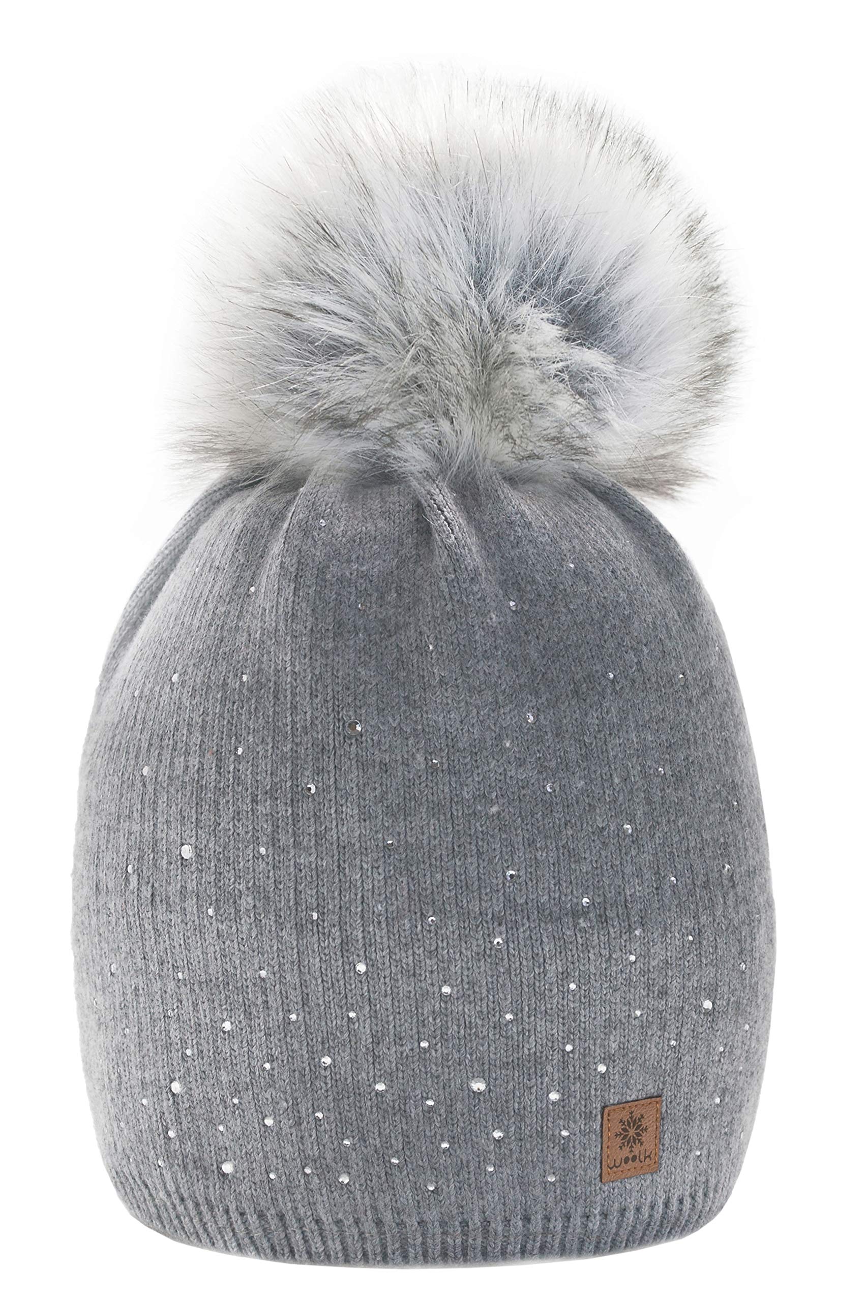 Mfaz Morefaz Ltd Women's Gray Morefaz Winter Beanie Hat Wool Knitted With Small Crystals Large Pom Pom Cap Ski Snowboard Hats Mfaz Ltd (Gray)