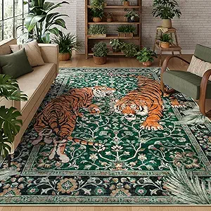 Moynesa Tiger 9x12 Washable Area Rug, Boho Green Rugs for Living Room, Non Slip Vintage Dining Room Rug, Botanical Ultra Thin Soft Stain Resistant Floor Carpet for Bedroom Home Office