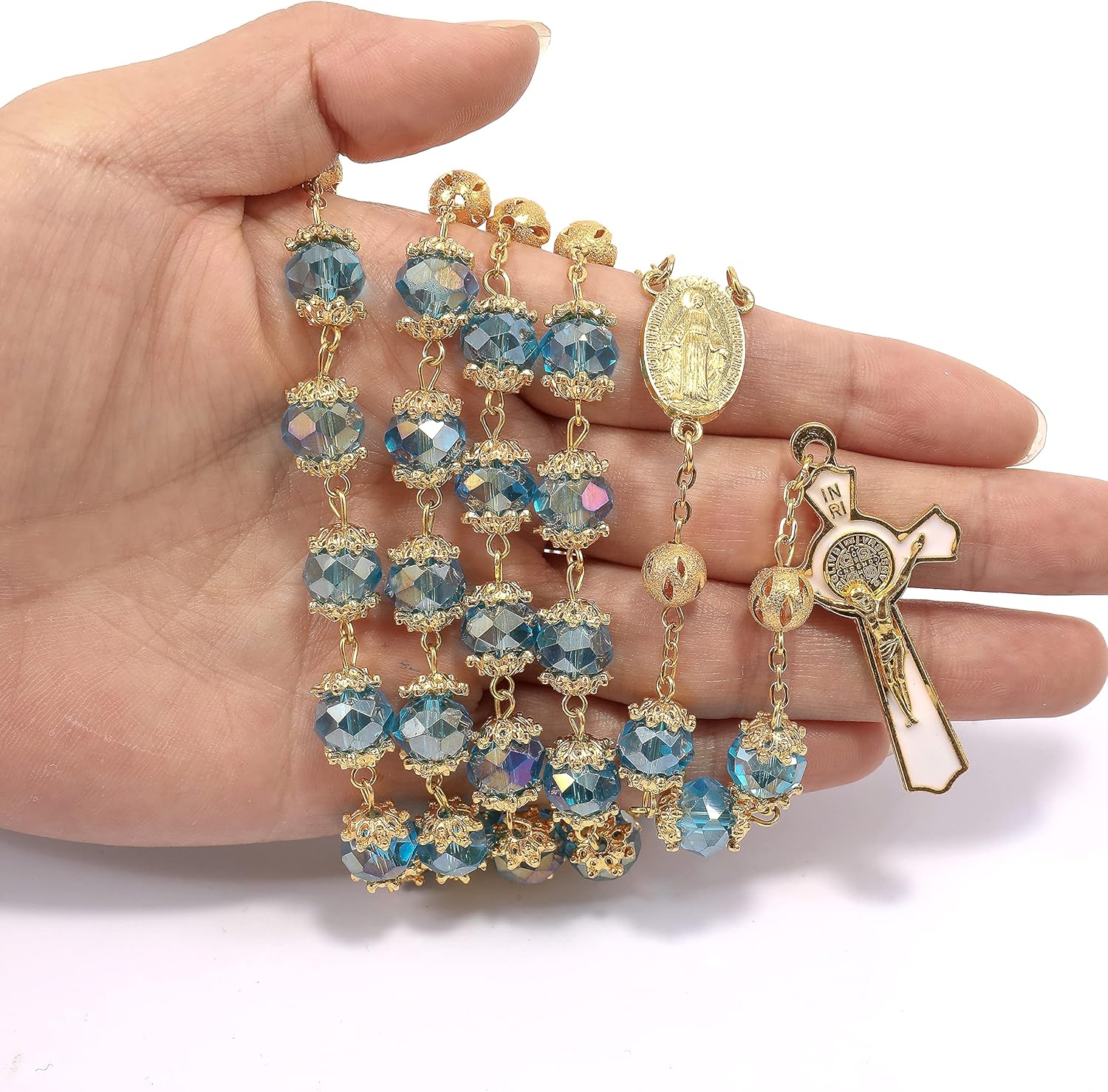 Nazareth Store St. Benedict Deep Blue Crystal Beads Rosary Prayer Necklace Golden Miraculous Medal & Gold Enamel Cross - Image 3