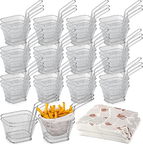 Potchen 40 piezas mini cesta cuadrada para freír con 400 hojas de papel de cera, papas fritas delicatessen, soporte de acero inoxidable para