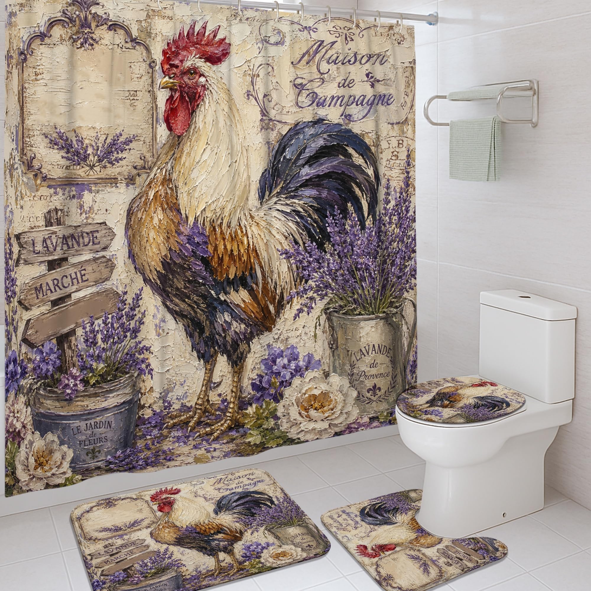 Rideau de douche coq anti-moisissure tissu imperméable d'entretien facile
