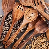 Vista 7 de Juego de Utensilios de Cocina de Madera, GUDAMAYE 9 PIEZAS Cucharas de Madera de Teca Natural Para Sartén Antiadherente para Cocinar