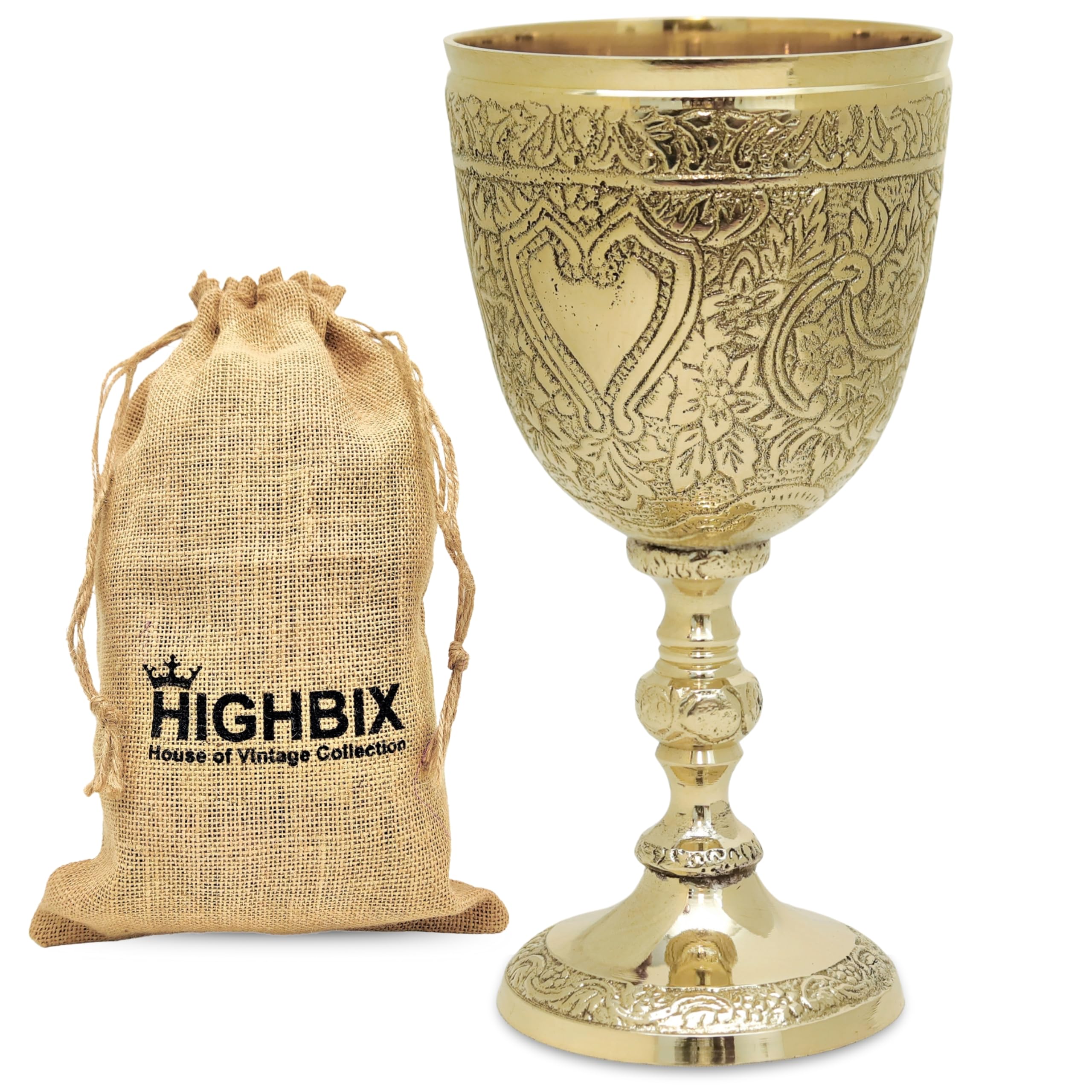 HIGHBIX Copa de vino real de latón macizo hecha a mano, copa de vino de alta calidad, decoración medieval, cáliz gótico, antigua y elegante copa de vino