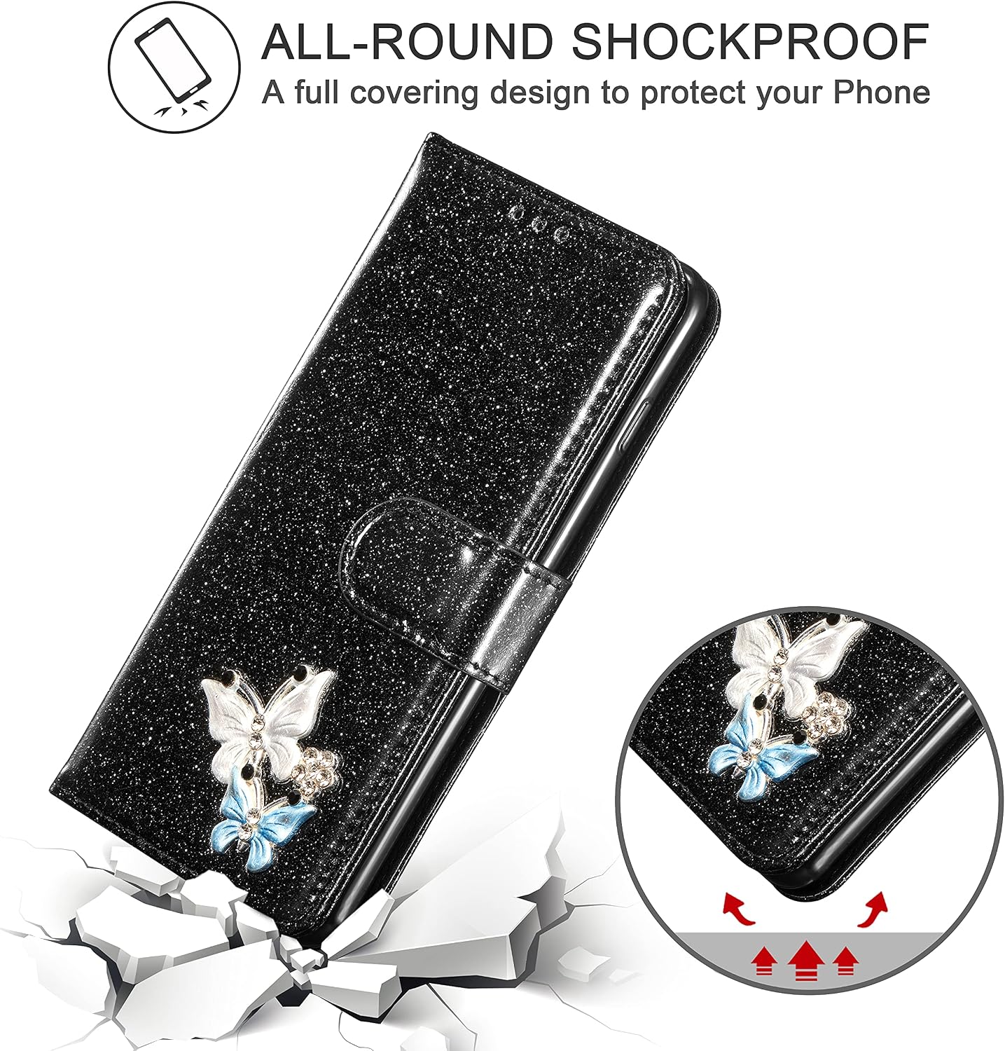 UEEBAI Wallet Case for Samsung Galaxy S10 Plus, Premium Glitter PU Leather Phone Case Card Slots Kickstand Case Magnetic Closure Bling Handbag Case Shockproof Flip Cover with Hand Strap - Black#