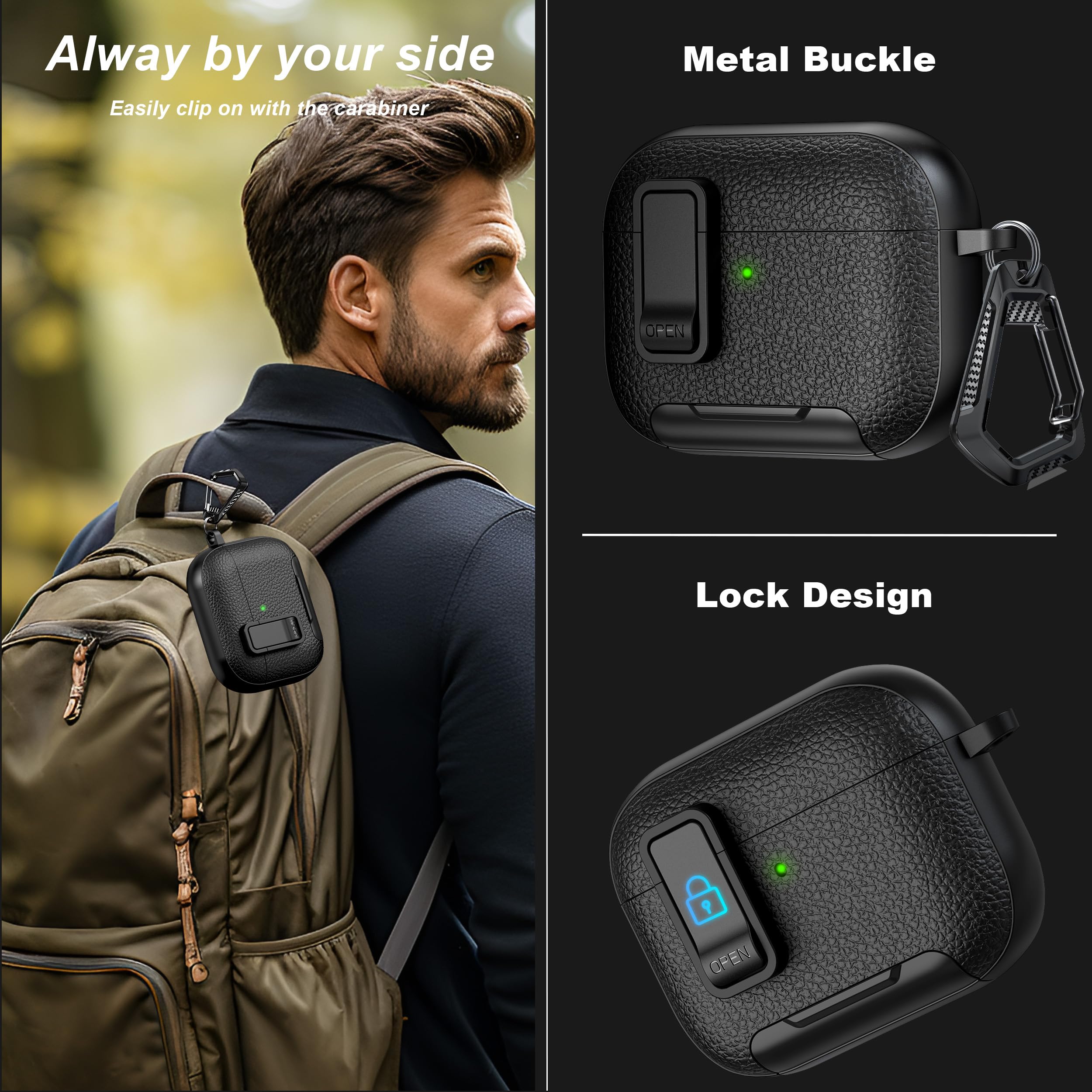 Compatibile con AirPods Pro 3a generazione Custodia con chiusura, Materiale TPU con Texture in pelle, Porta di ricarica antipolvere e funzione di supporto per Airpods Pro 3 Custodia, Nero