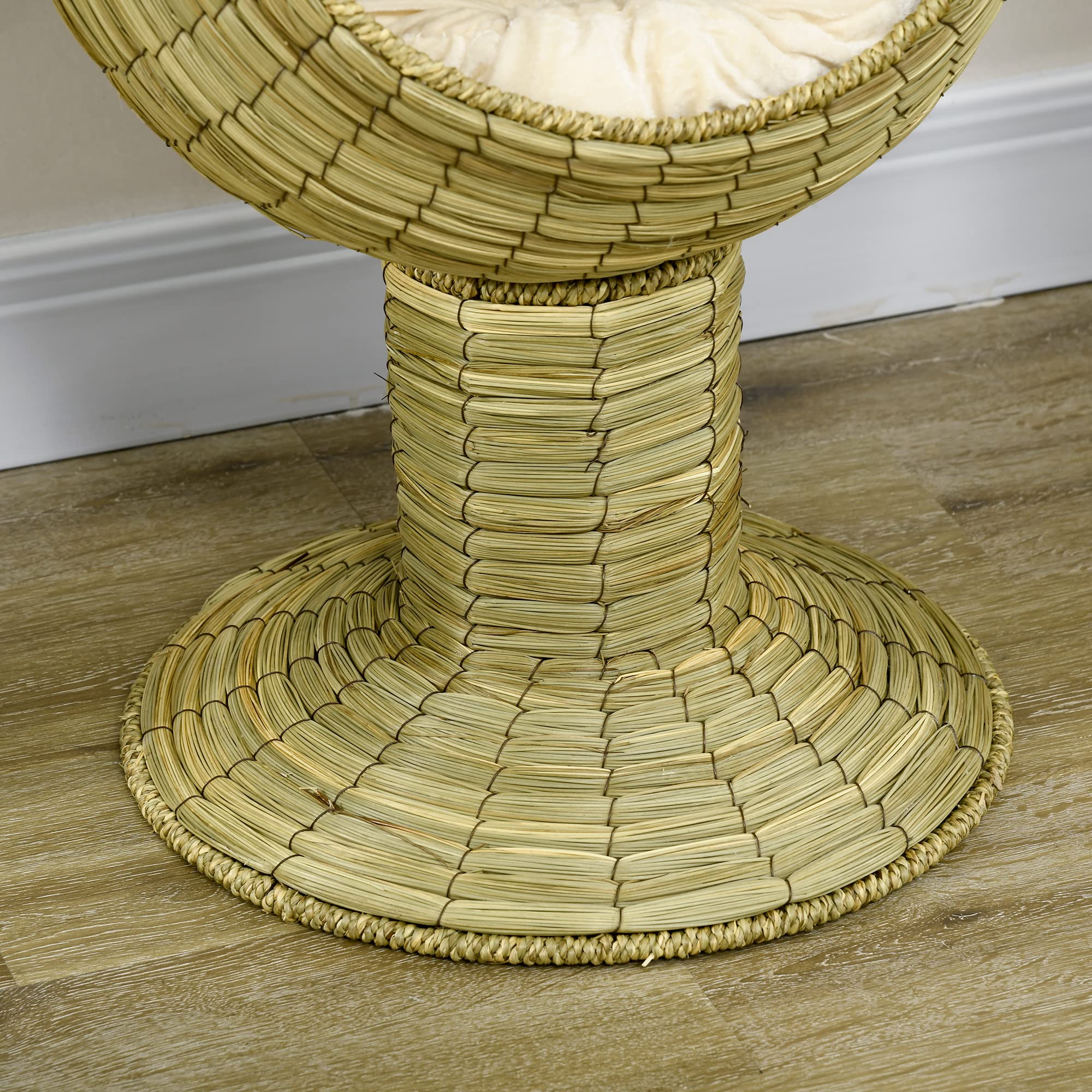 PawHut Podwyższony domek dla kotów, mata naturalna trawa, legowisko dla kota, jaskinia dla kota z poduszką, zdejmowany top, żółty, Φ41 x 69 cm