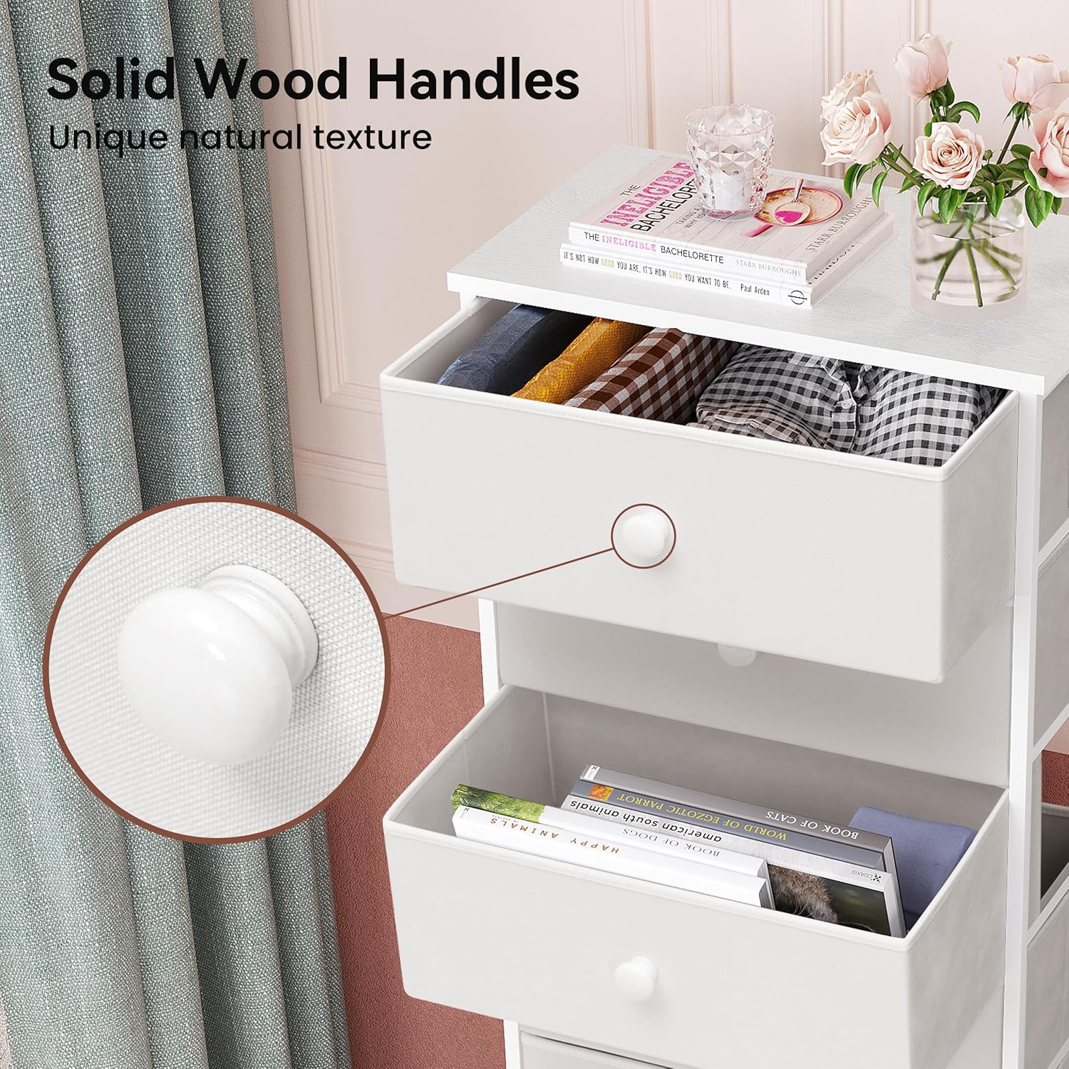 Crestlive Products Tall Dresser, 7-Drawer Fabric Storage Tower, Chests of Drawers - Vertical Organizer Unit for Bedroom, Hallway, Entryway, Nursery, Closets - Steel Frame, Wood Top & Handles (White)