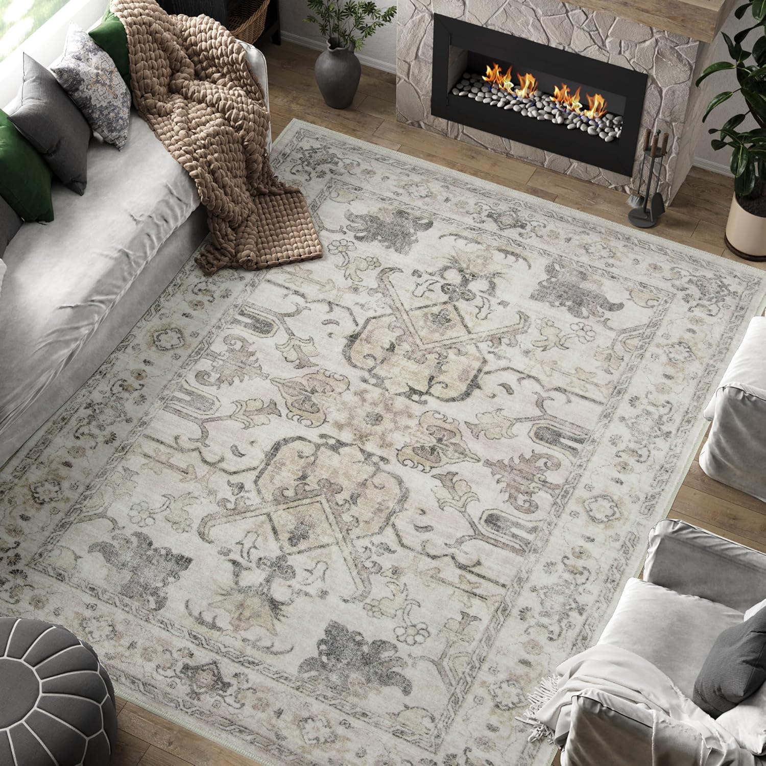 jinchan 8x10 Area Rugs for Living Room Washable Soft Throw Rug Ultra-Thin Stain Resistant Non-Slip Distressed Vintage Floral Large Carpet for Bedroom,Dining Room,Home Office,Nursery (8x10ft,Taupe) 8' x 10' (Buttery Soft) Distressed Taupe