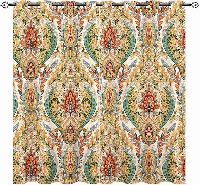 YUANZU Ethnic Curtains - Girls Colorful Indian Retro Floral Paisley Mandala Boho Flower Style Print Pattern Eyelet Blackout Thermal Window Drapes for Bedroom Living Room 2 Panels W117cm x D183cm