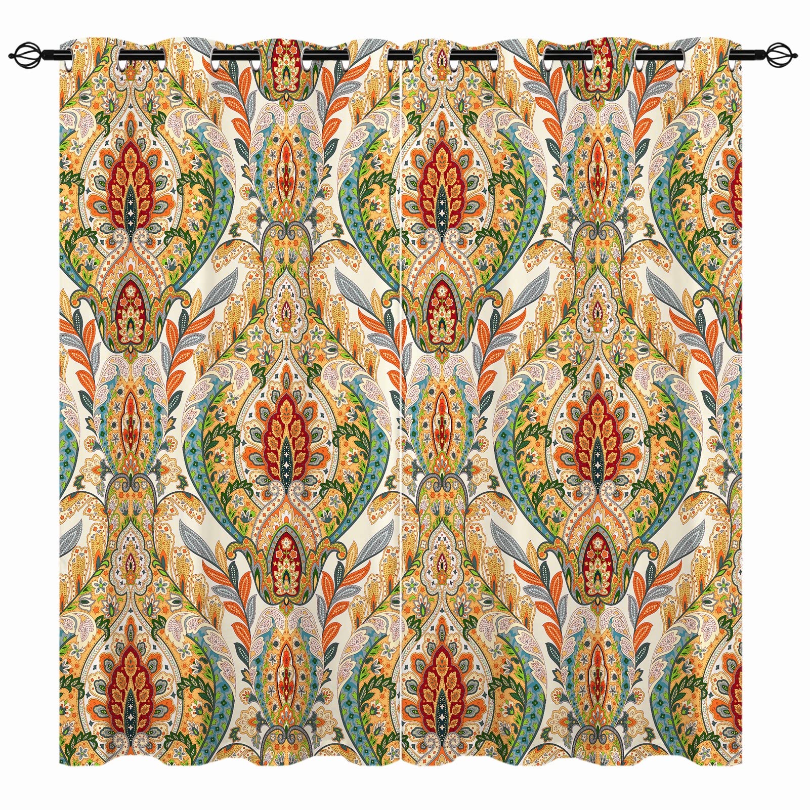 YUANZU Ethnic Curtains - Girls Colorful Indian Retro Floral Paisley Mandala Boho Flower Style Print Pattern Eyelet Blackout Thermal Window Drapes for Bedroom Living Room 2 Panels W229cm x D229cm — image 1