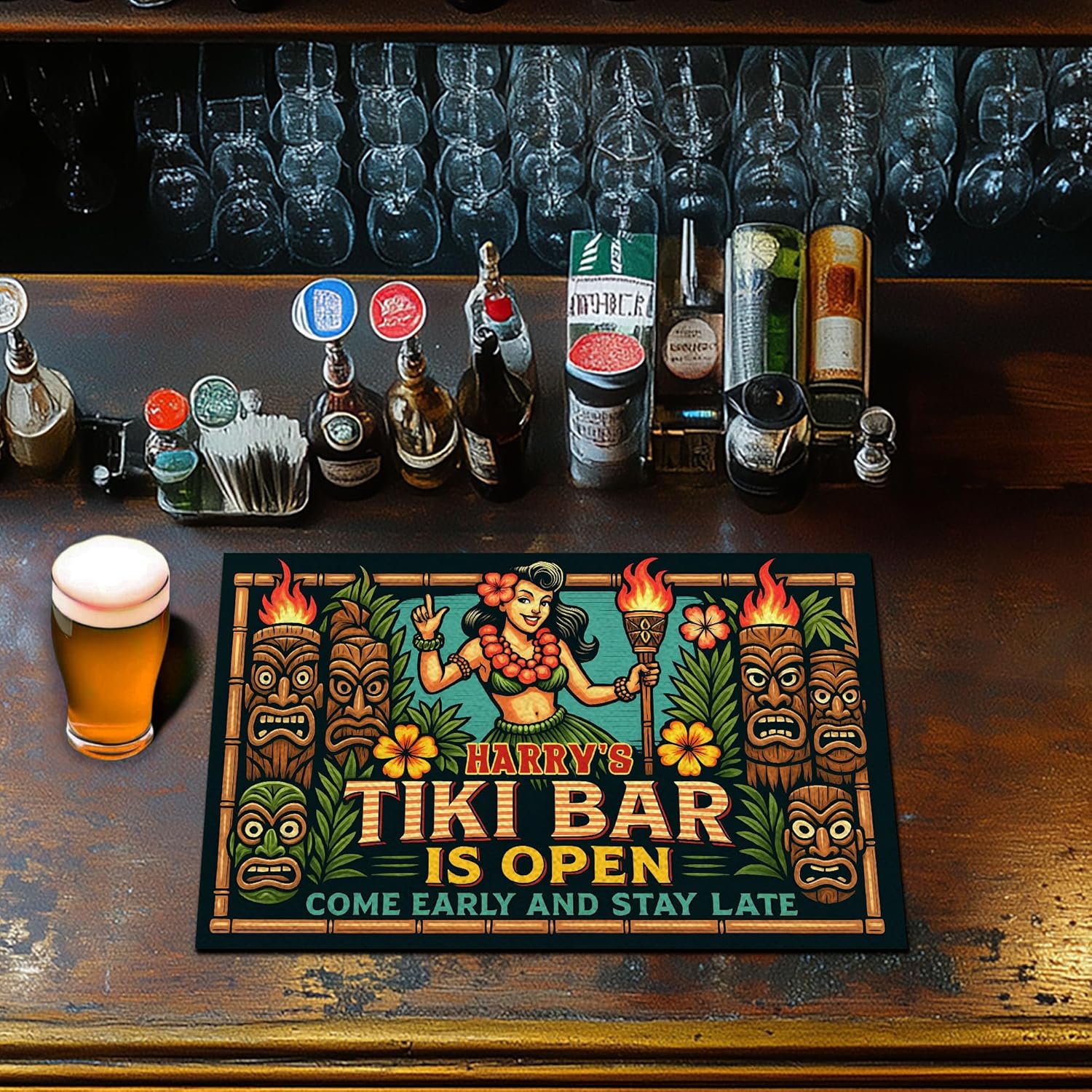 Personalized Tiki Bar Mat for Tiki Bar Decorations, Dish Drying Mat Rubber Backed Absorbent Tropical Tiki Totem Pattern, Countertop Accessories (05)