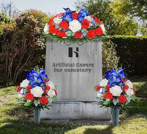 Miniatura 2 de HENOMO Cemetery Flower for Grave Decoration - Headstone Flower Saddle with Artificial Red Rose and Blue Cattleya Hybrida, Easy Fit