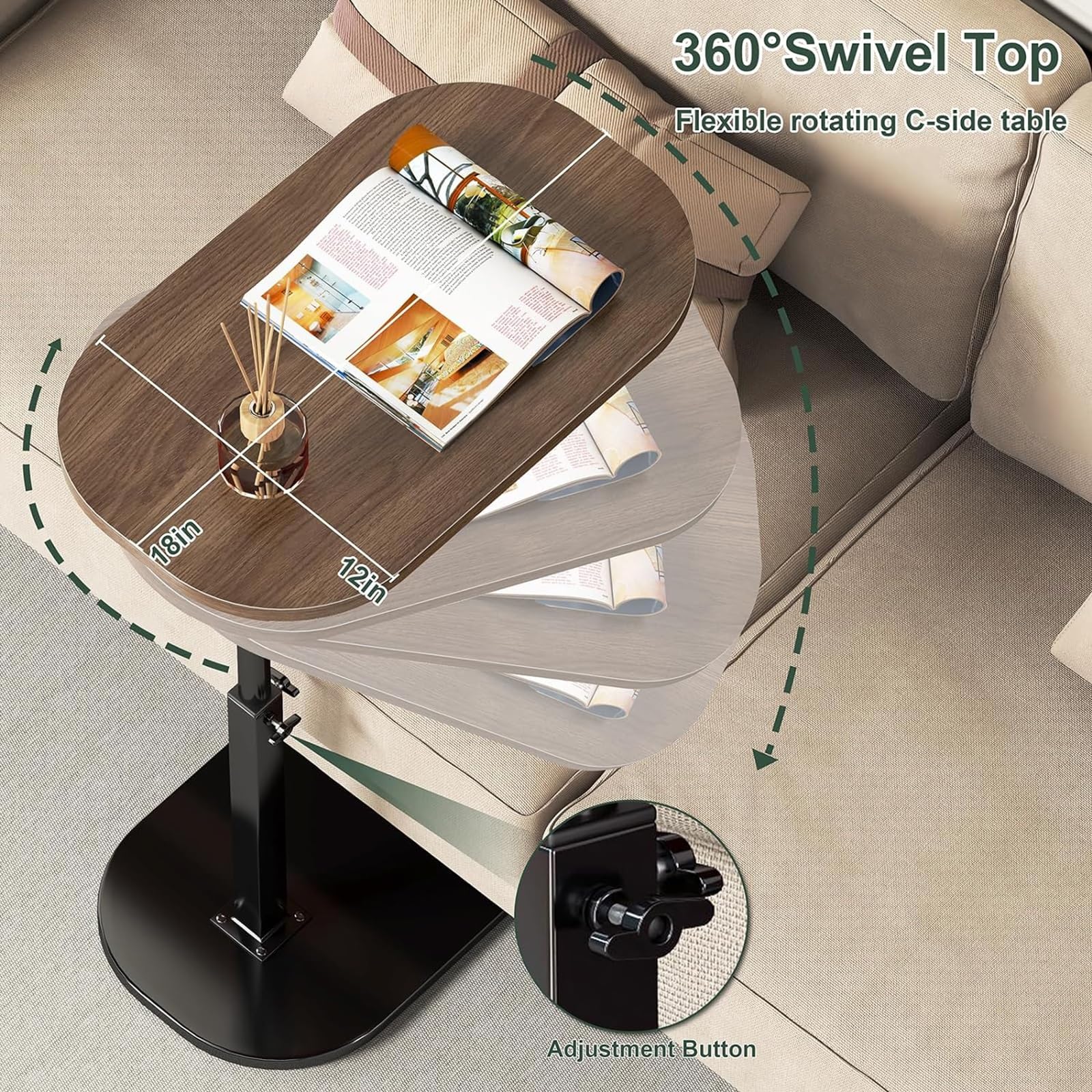 Tavolino A Forma Di C Regolabile In Altezza | 46-79 Cm | Piano Girevole 360° Con Ruote | Legno E Metallo