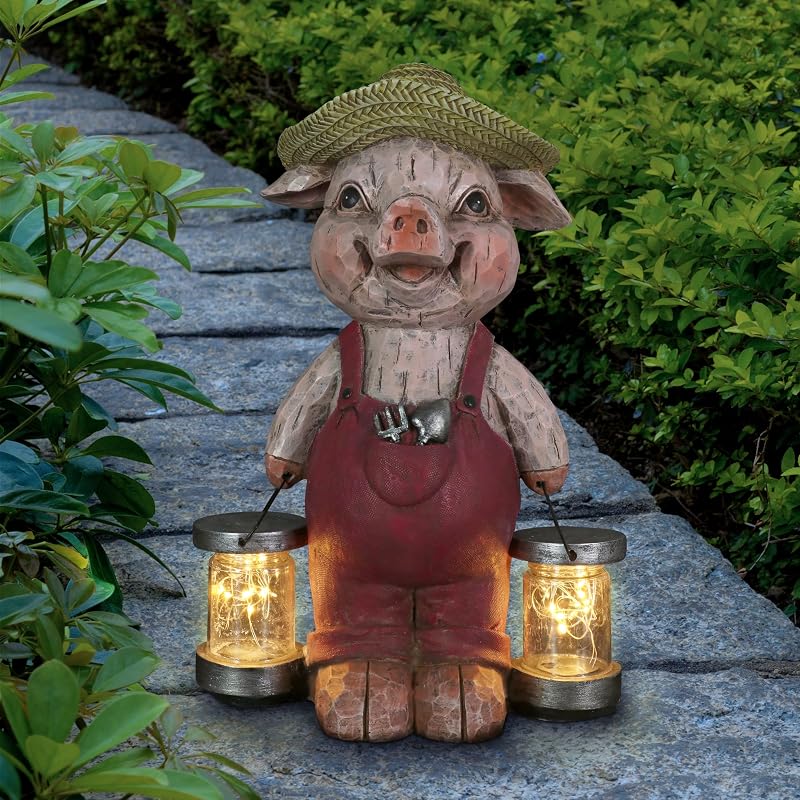 Garden Sculpture, Farmhouse Pig Solar Garden Statue with Glass Jars, LED Firefly Lights, Outdoor Garden Decoration, 12.5 Inch