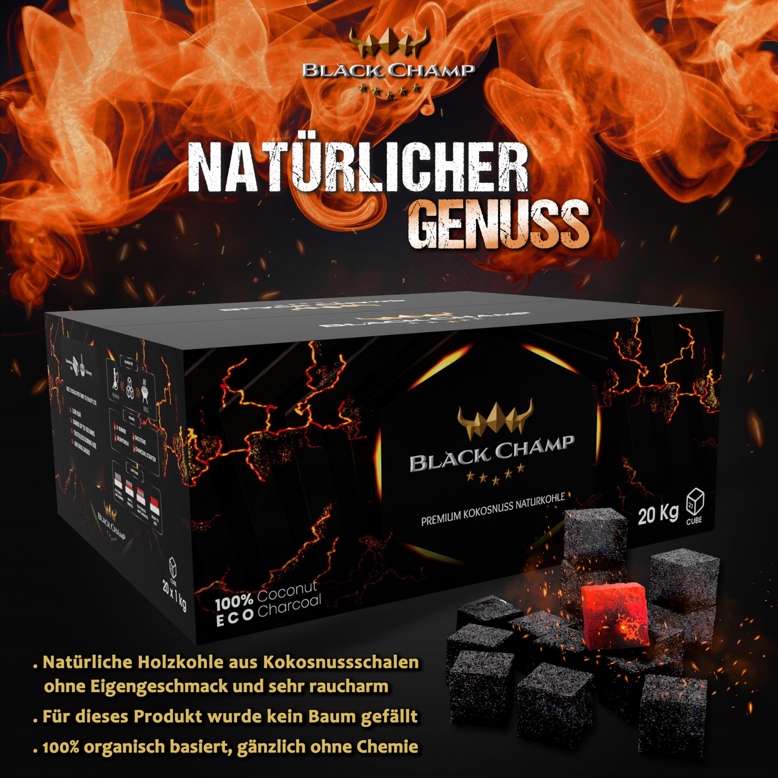 Shisha Kohle | 27 mm | 20 kg | Black Champ | Premium Naturkohle aus Kokosnussschalen| Für Shisha und Grill