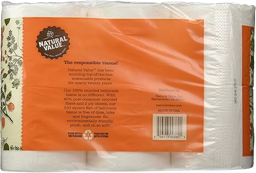 Miniatura 2 de Natural Value Papel de baño 100% reciclado, 400 hojas de 2 capas por rollo, 12 rollos dobles (paquete de 4)
