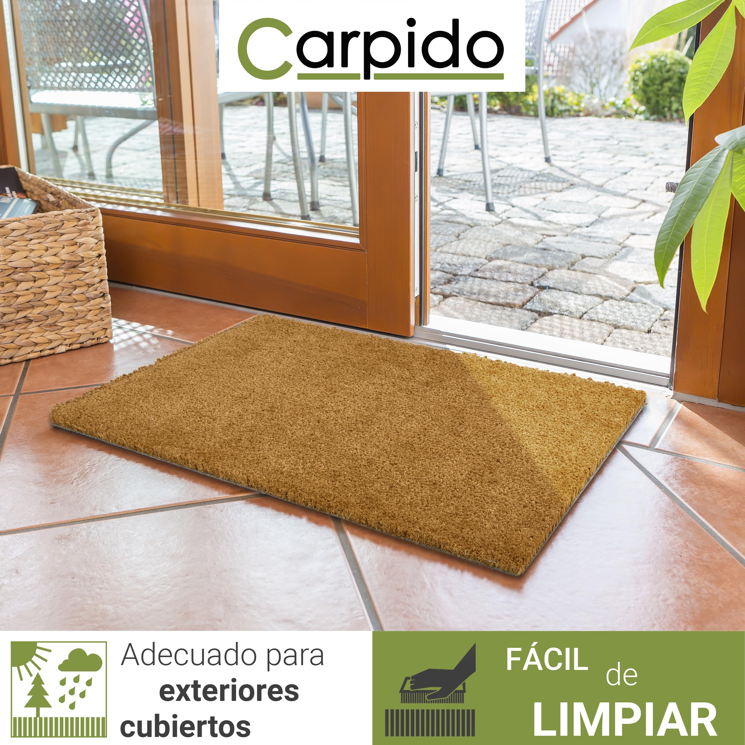 Carpido Alfombrilla antideslizante de coco – 50 x 80 cm 30 mm natural – para interior y exterior cubierto – Felpudo 100% coco – Felpudo para puerta entrada