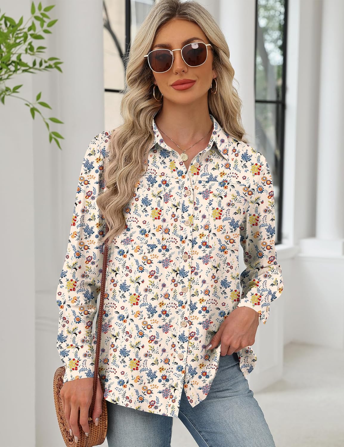 Kistore Womens Button Down Shirts Striped Linen Long Sleeve Blouses Business Casual Office Work Tops Loose Fit with Pockets - Image 5