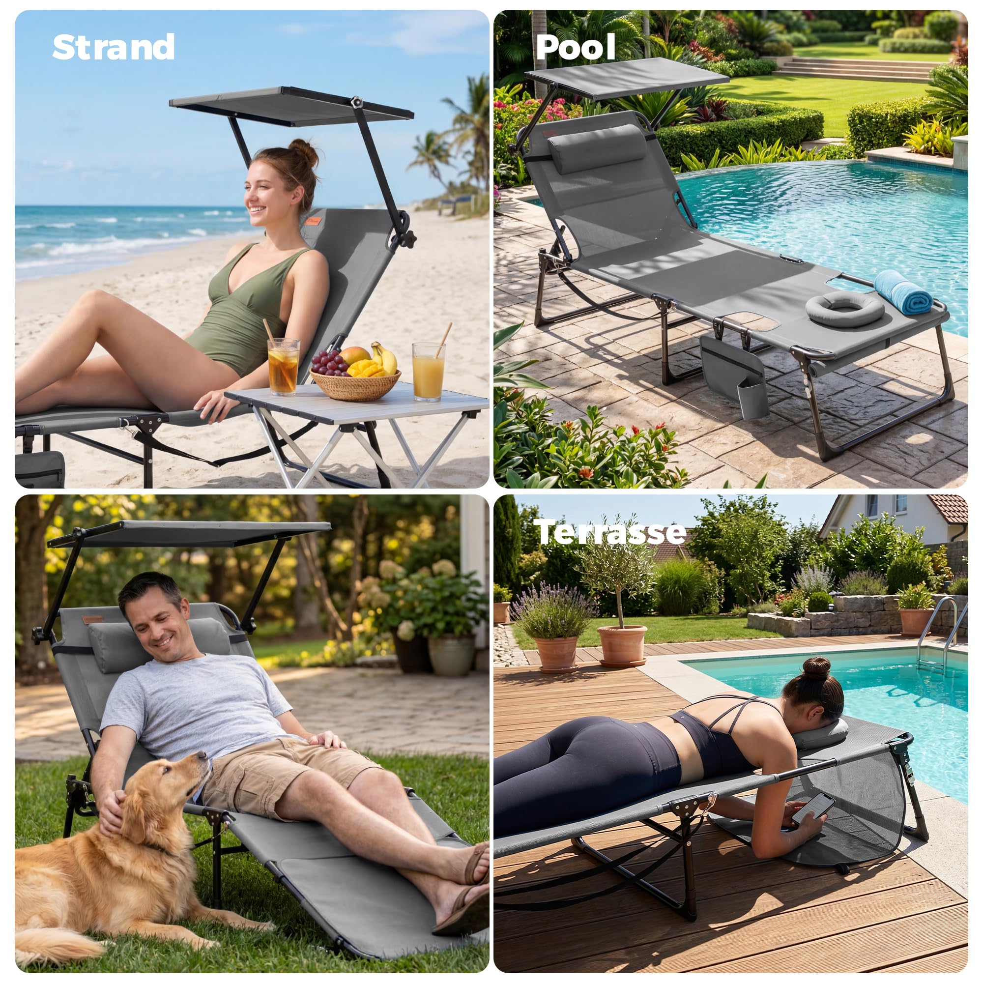 Homecall XXL Sonnenliege mit Gesichtsöffnung & Sonnendach, 200 x 70 cm Gartenliege für Bequeme Bauchlage, klappbarer Liegestuhl mit 4-Fach Verstellbarer Rückenlehne, bis 180 kg (1, Hellgrau)