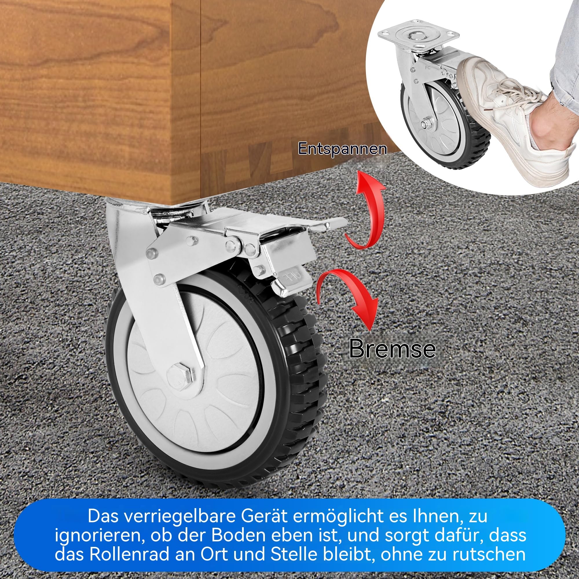 Quikraen 150mm Möbelrollen mit bremse - 4er Set (2 mit Bremsen und 2 ohne) | Schwerlastrollen Tragfähigkeit 900 kg, Rollen Für Wagen Möbel Werkbänke Paletten