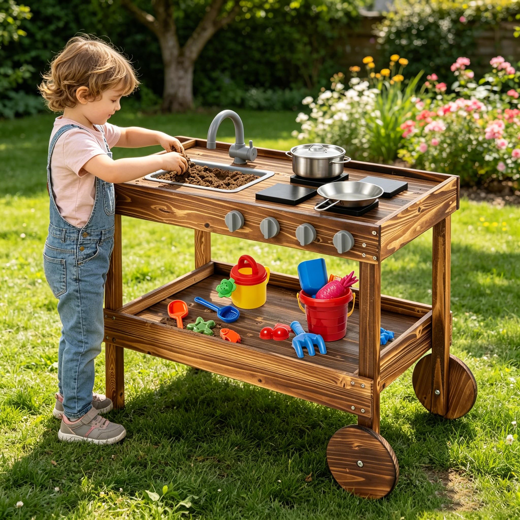 Amazon.com: HONEY JOY Mud Kitchen with Wheels - Fir Wood Outdoor