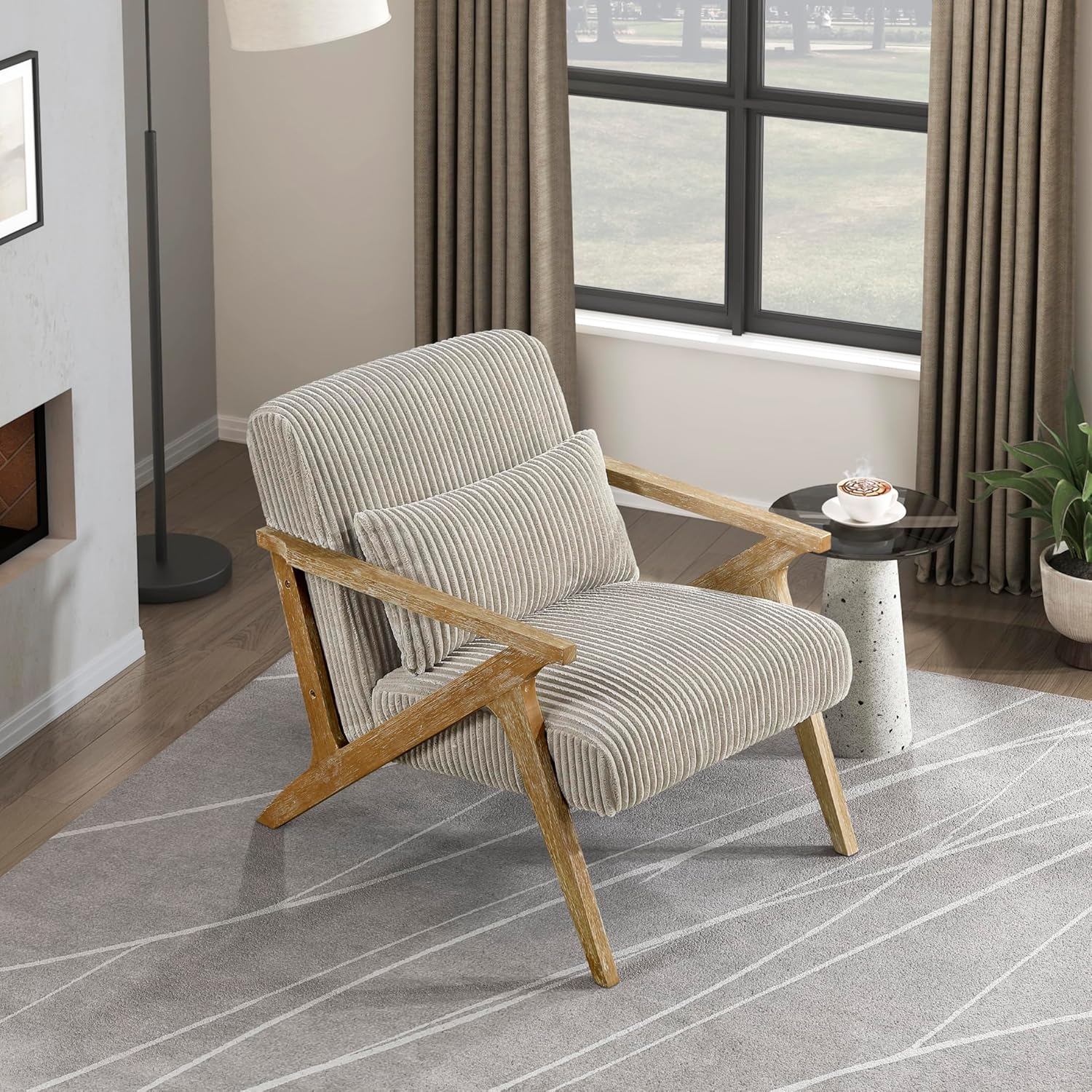 Lexicon Mid Century Modern Accent-Chair with Lumbar Pillow, Brown Solid Wood Frame, Comfy Corduroy Upholstered Lounge Arm Chair for Living Room/Bedroom/Office/Reading Nook, Assembly Required, Taupe