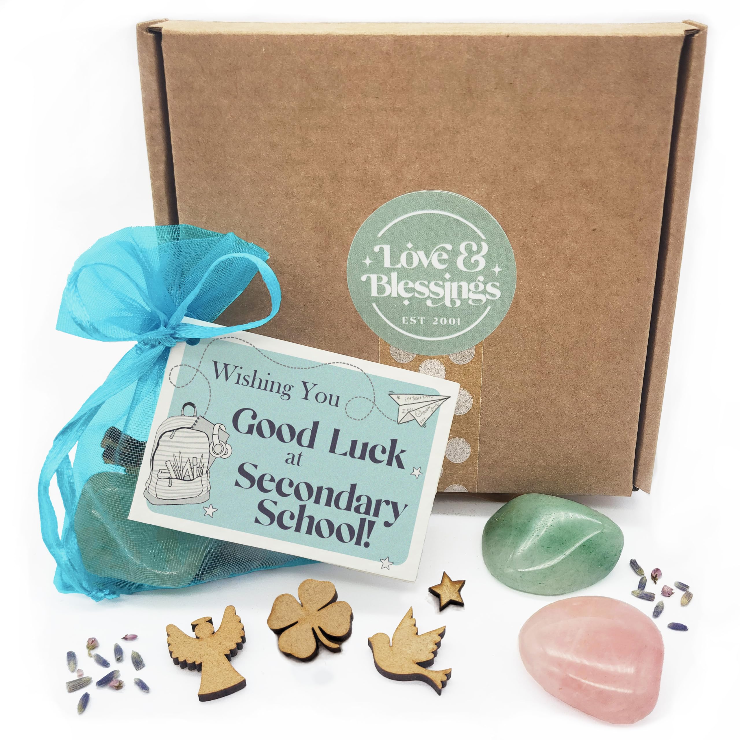 First Day at Secondary School gift bag of Love and Blessings - Good Luck gemstone keepsake with mini card for a boy starting thier first day at high school.