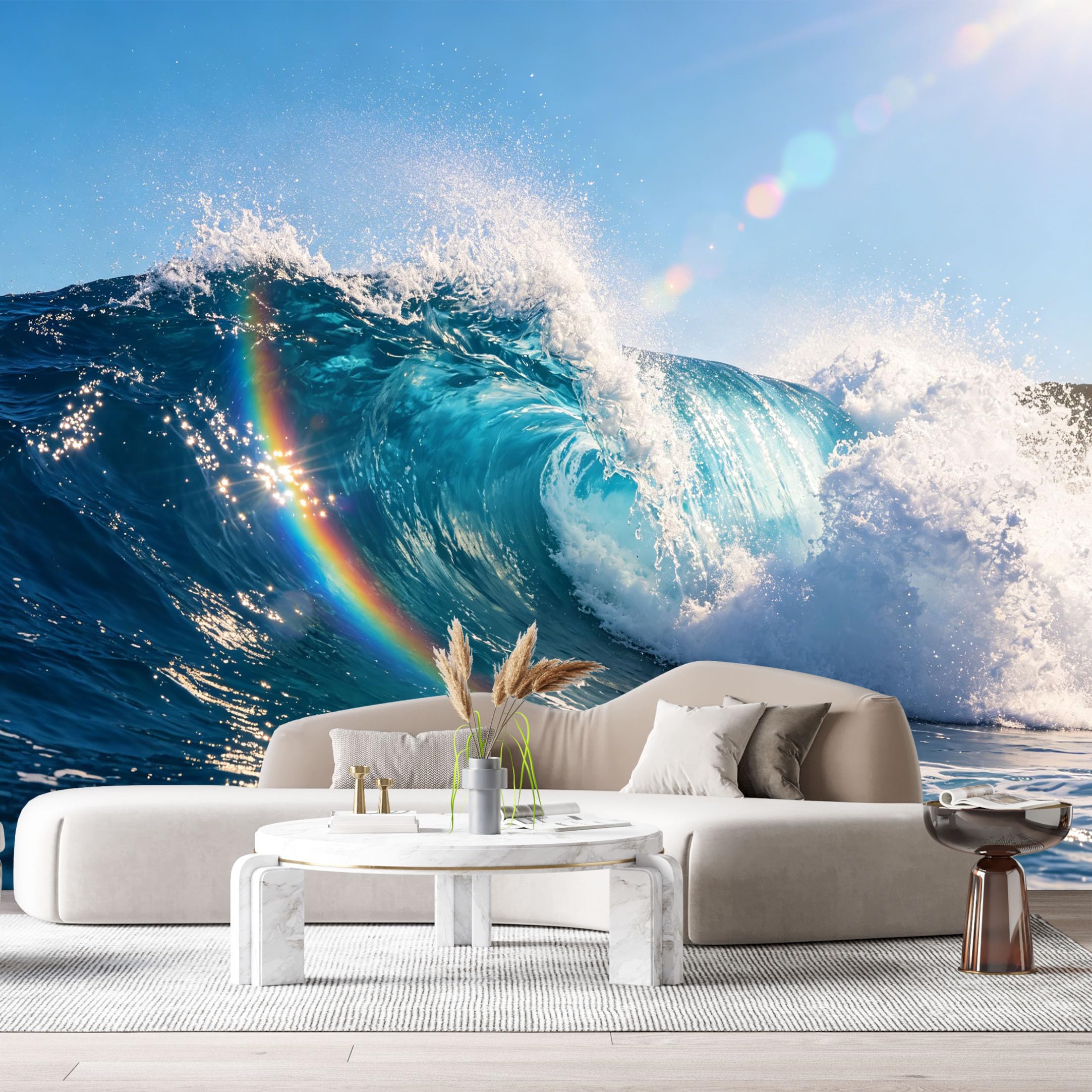 Custom Size Wall Murals Ocean Marine Watercolor Wave Rainbow Sea Spray SelfAdhesive Wall Fabric Removable Large Wallpaper for Photo Living Room