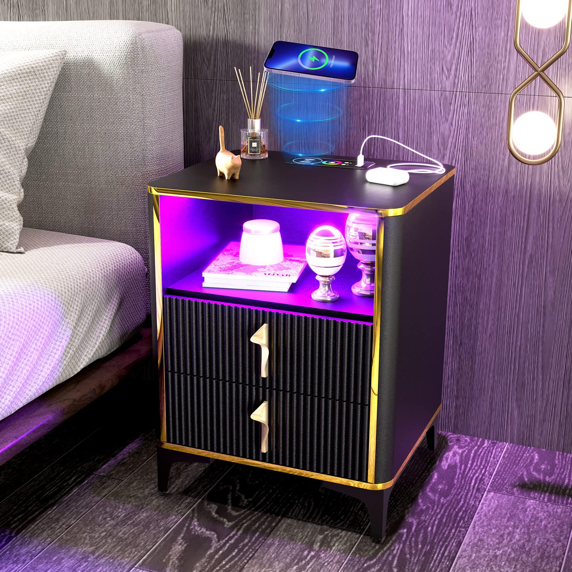 Amazon.com: Tribesigns LED Nightstand with Drawers, Black Wood Night ...